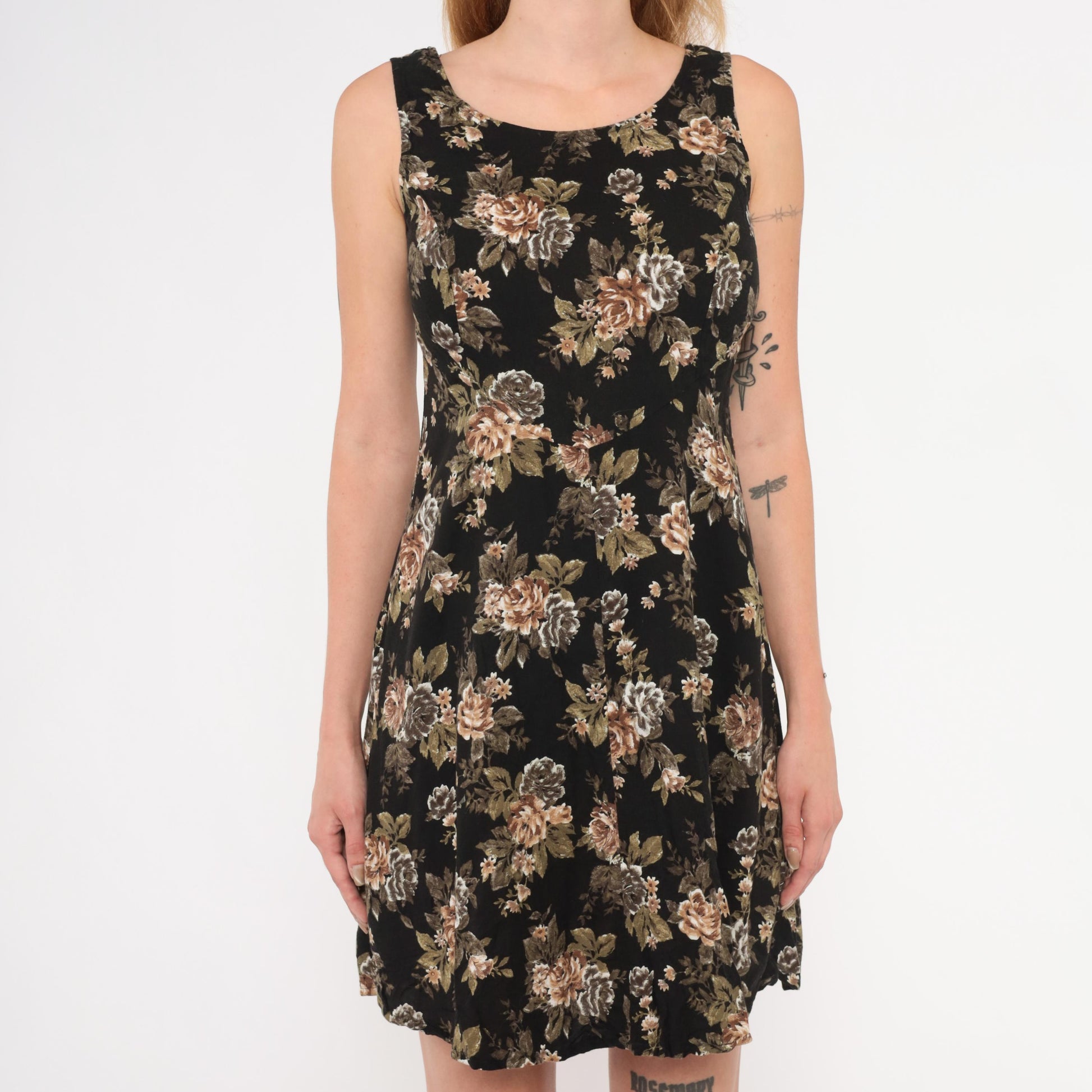 90s All That Jazz Floral Mini Dress Black Rose Print Sleeveless Small S