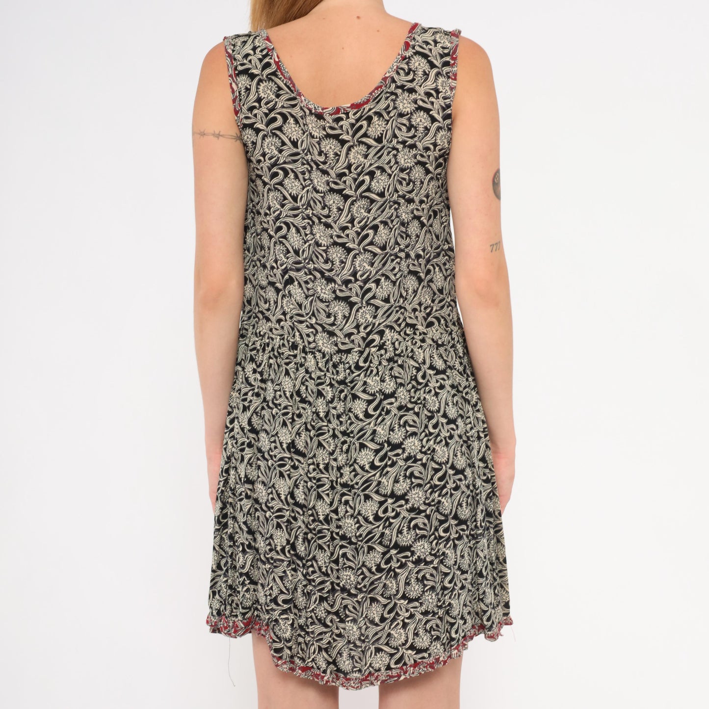 90s Black Floral Tank Dress Mini Red Trim Patch Pockets Small S