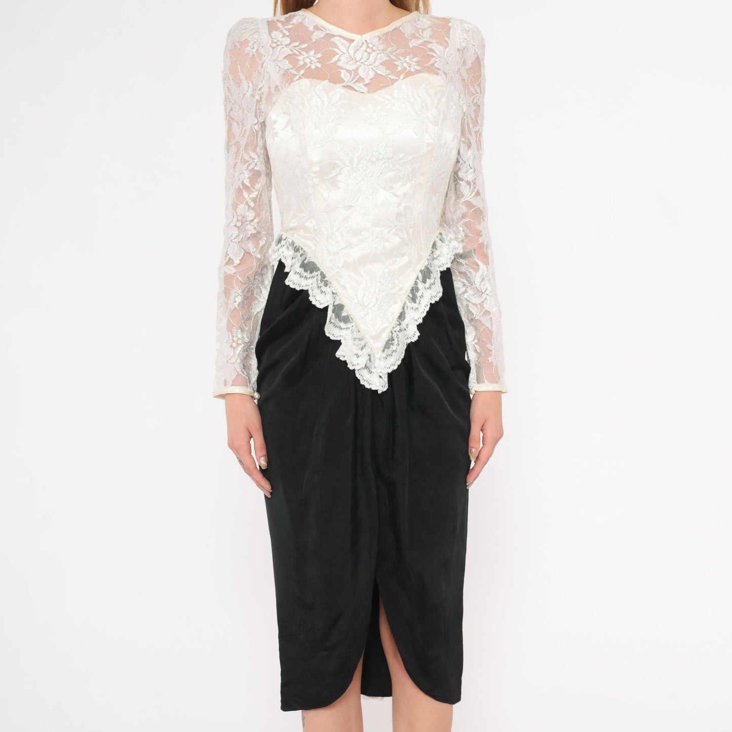 90s Black Ivory Lace Sweetheart Midi Dress Sheer Bustle Satin Pencil Skirt XS