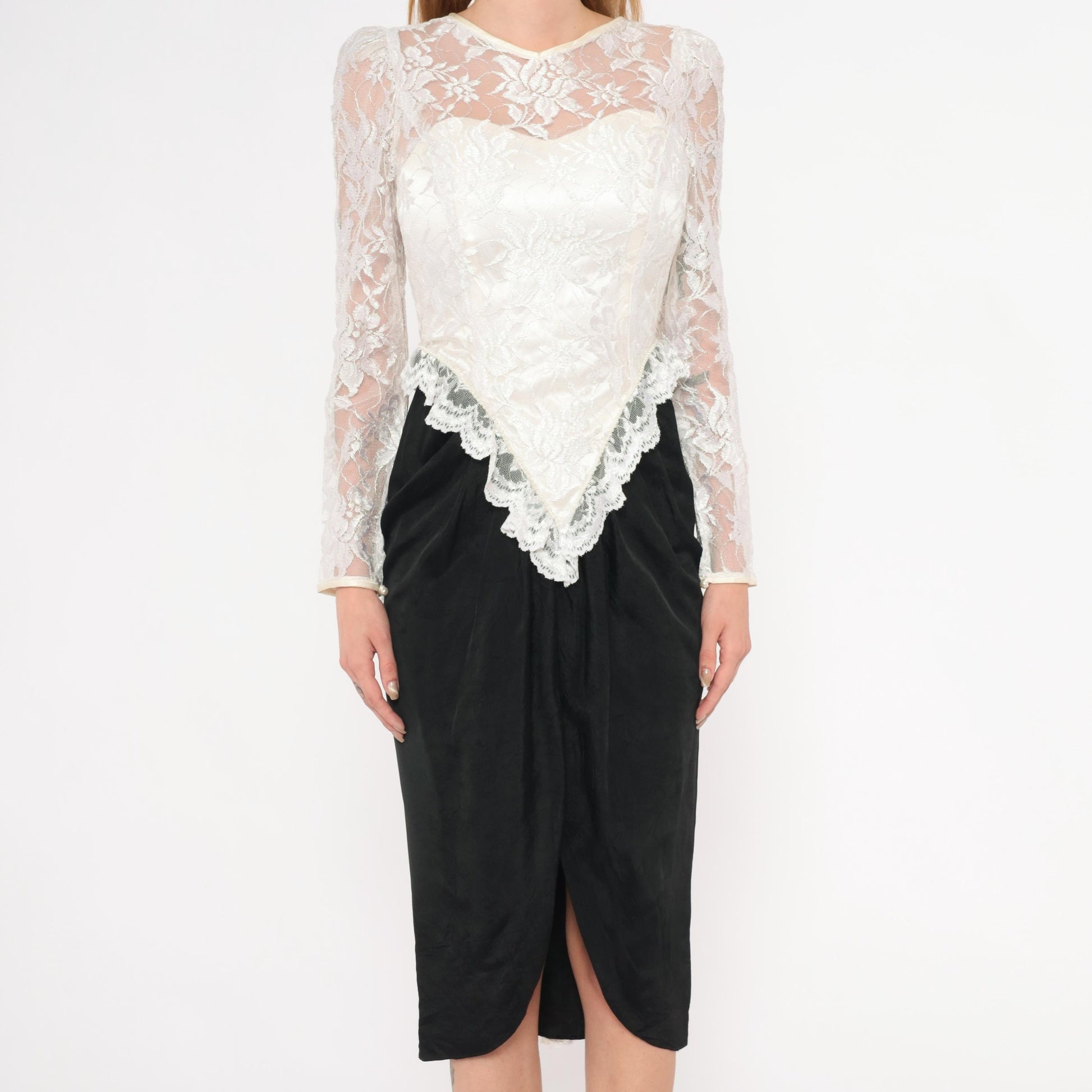 90s Black Ivory Lace Sweetheart Midi Dress Sheer Bustle Satin Pencil Skirt XS