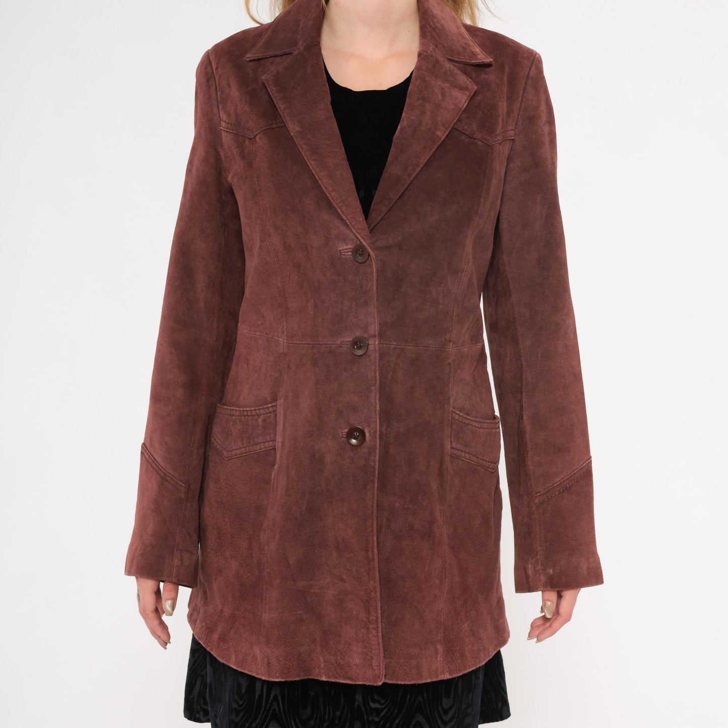 2000s Burgundy Leather Blazer Notched Lapel Long Line Small S