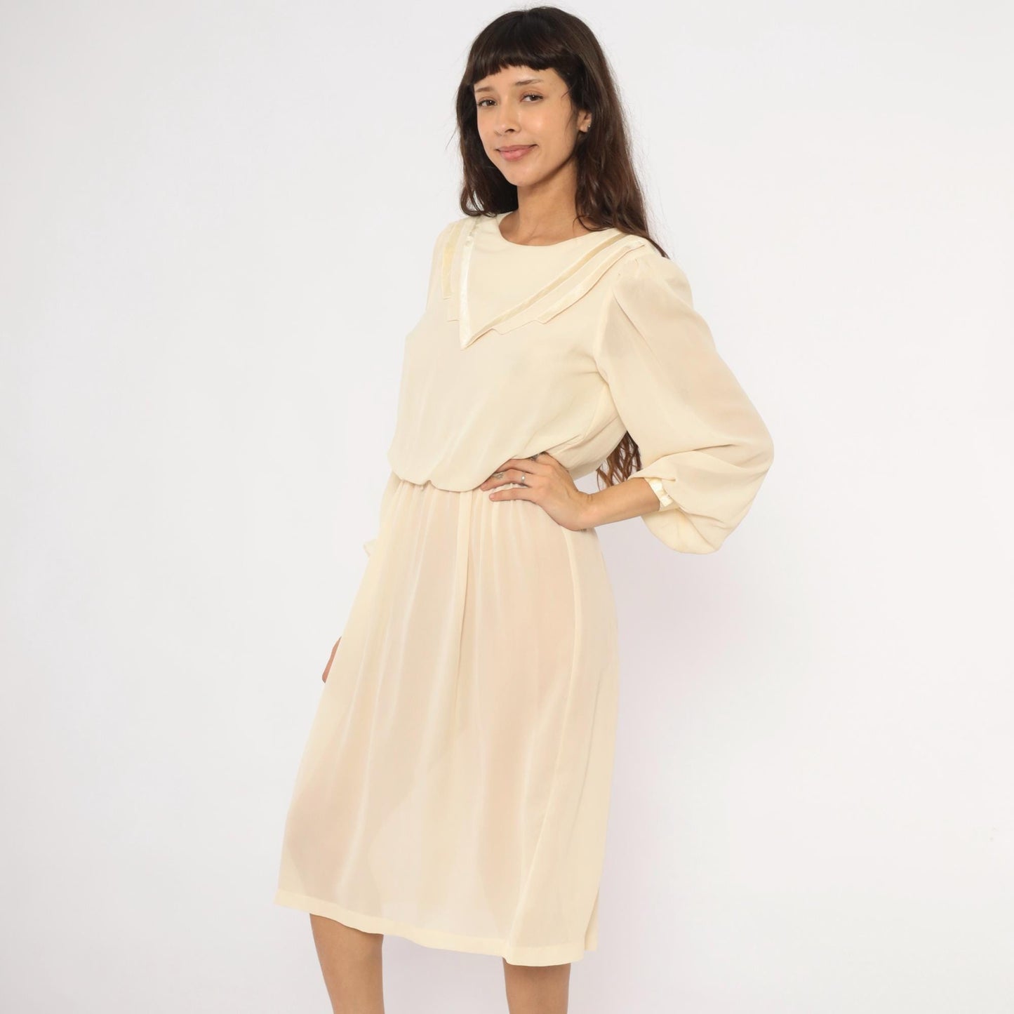 80s Street Scene Cream Chiffon Dress Bishop Sleeve V-Trim Knee-Length Small S