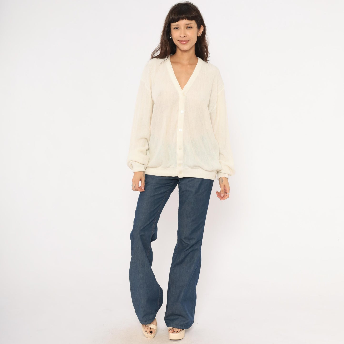 80s Jantzen Ivory Sheer Knit Cardigan V-Neck Button-Up Cream Large L