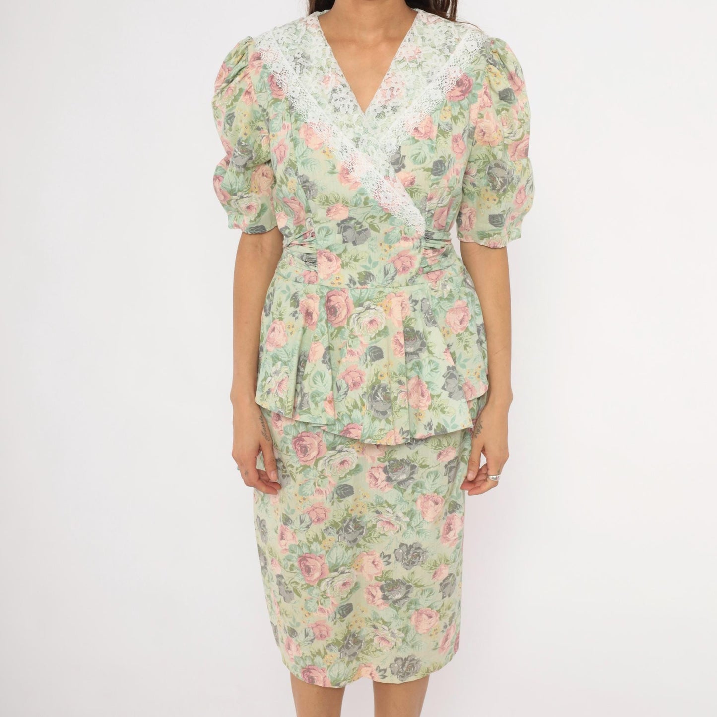 90s Sage Floral Peplum Dress Pink Rose Lace Collar Puff Sleeve Medium M