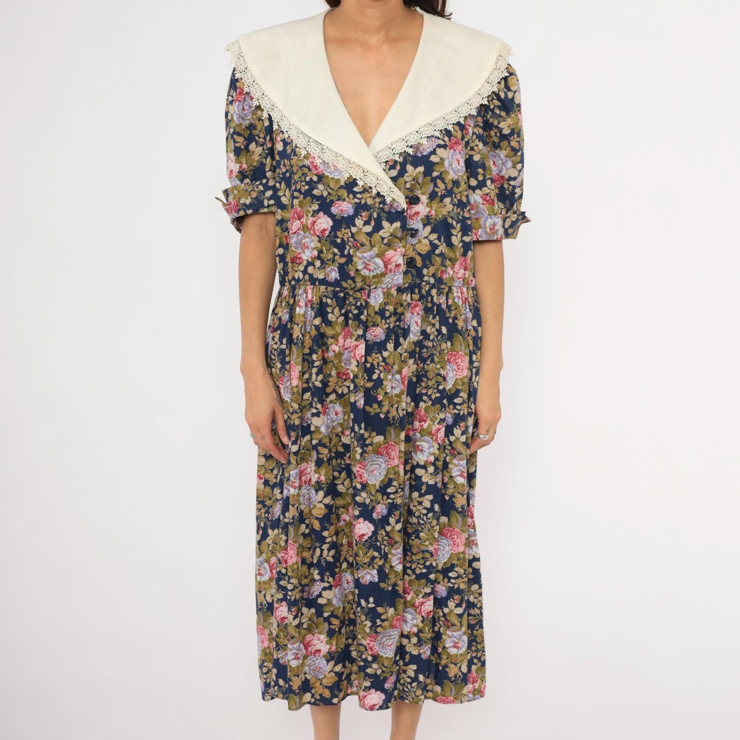 80s Tina Barri Floral Midi Dress Navy Rose Lace Collar Short Sleeve Extra Large