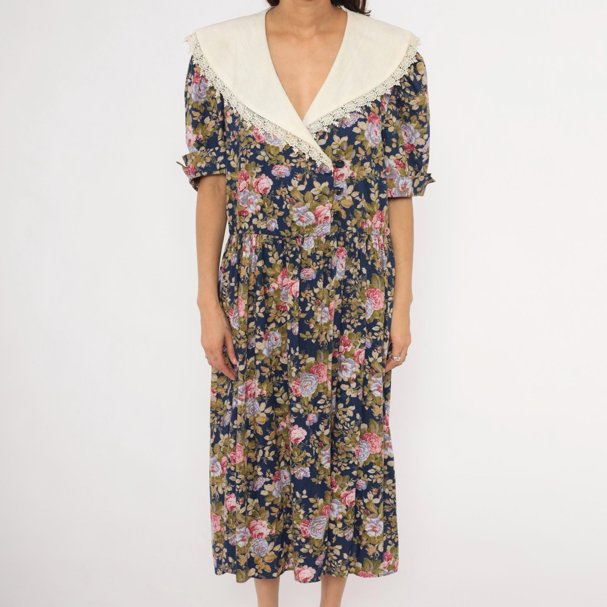 80s Tina Barri Floral Midi Dress Navy Rose Lace Collar Short Sleeve Extra Large