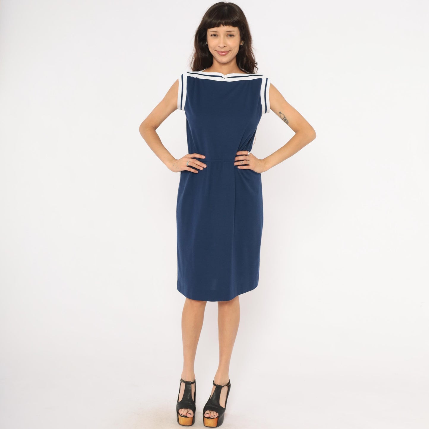 80s Navy Sailor Collar Dress Knee Length White Stripe Trim Cap Sleeve Large L