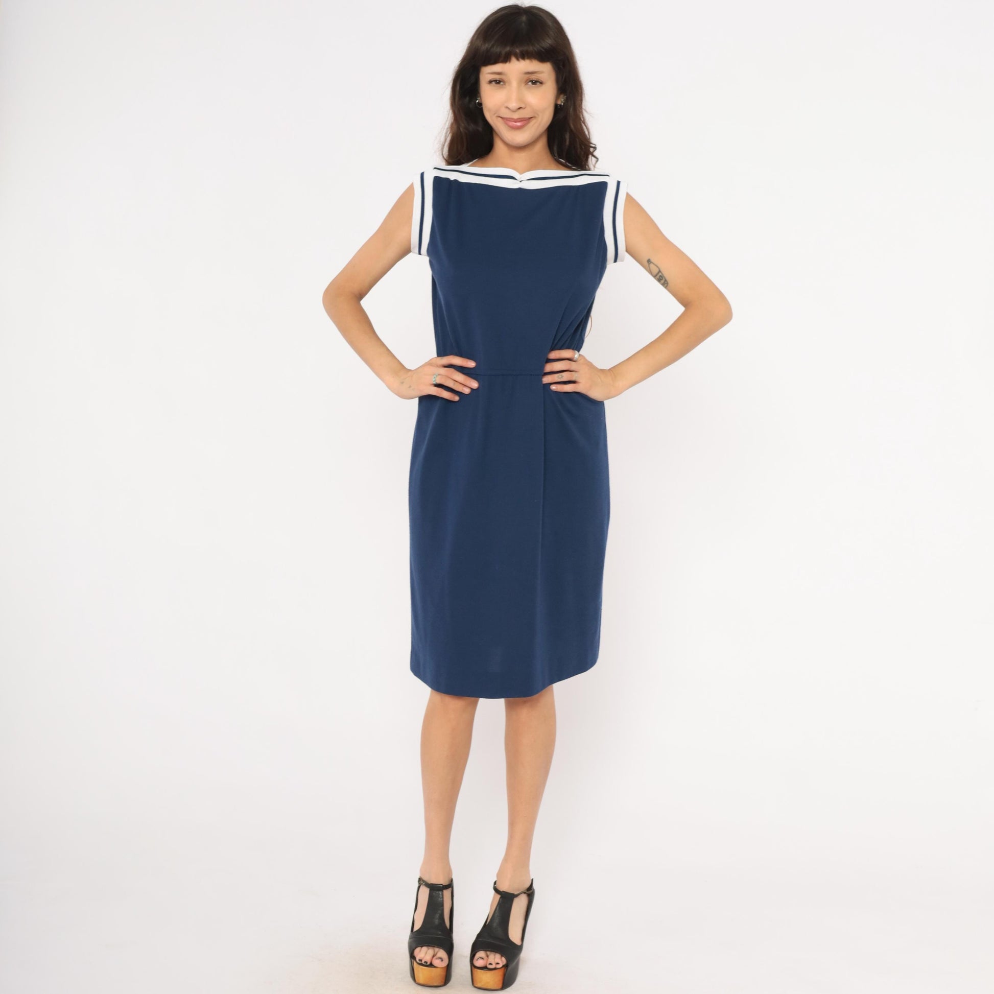 80s Navy Sailor Collar Dress Knee Length White Stripe Trim Cap Sleeve Large L