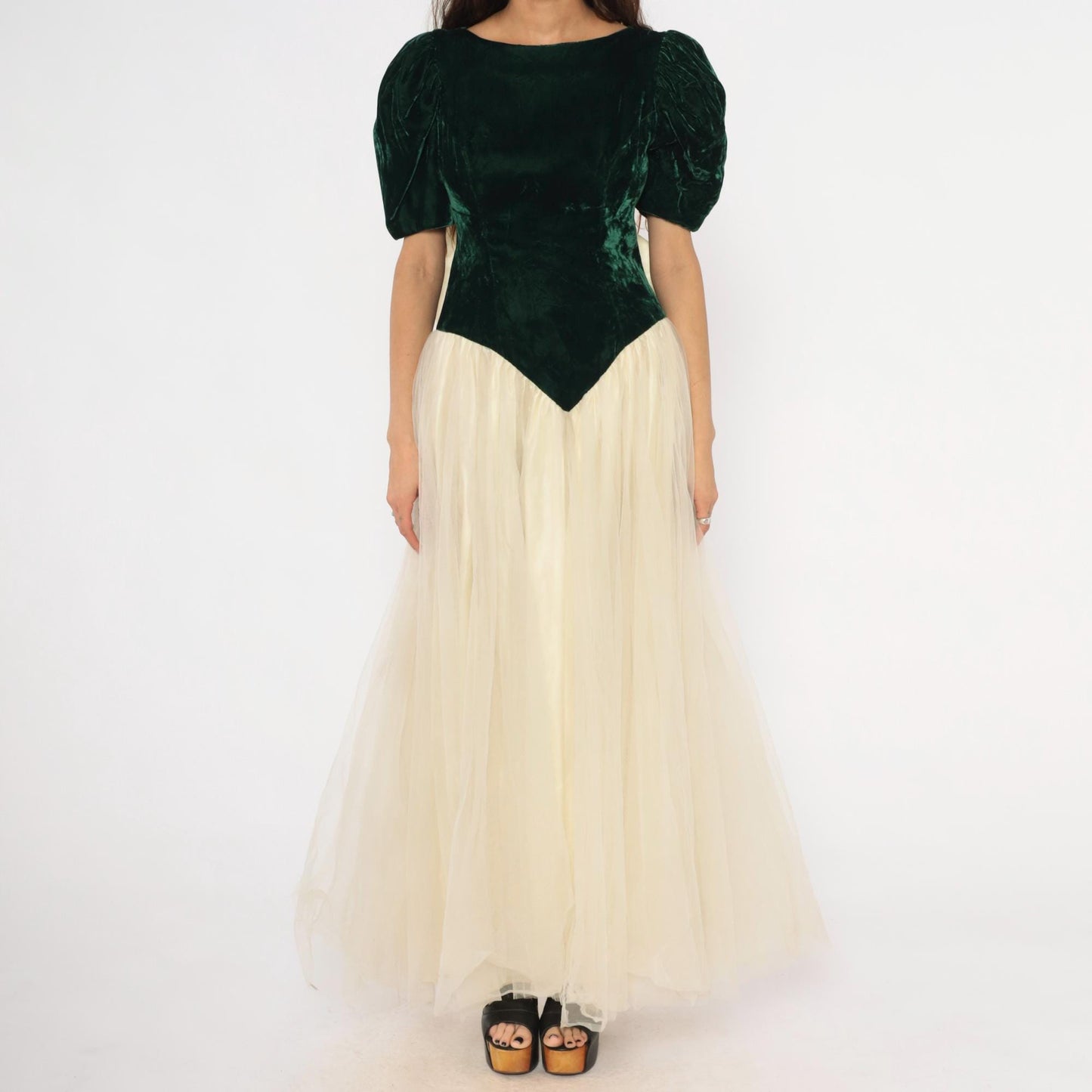 80s Emerald Velvet Puff Sleeve Gown Cream Tulle Skirt Basque Waist Medium M