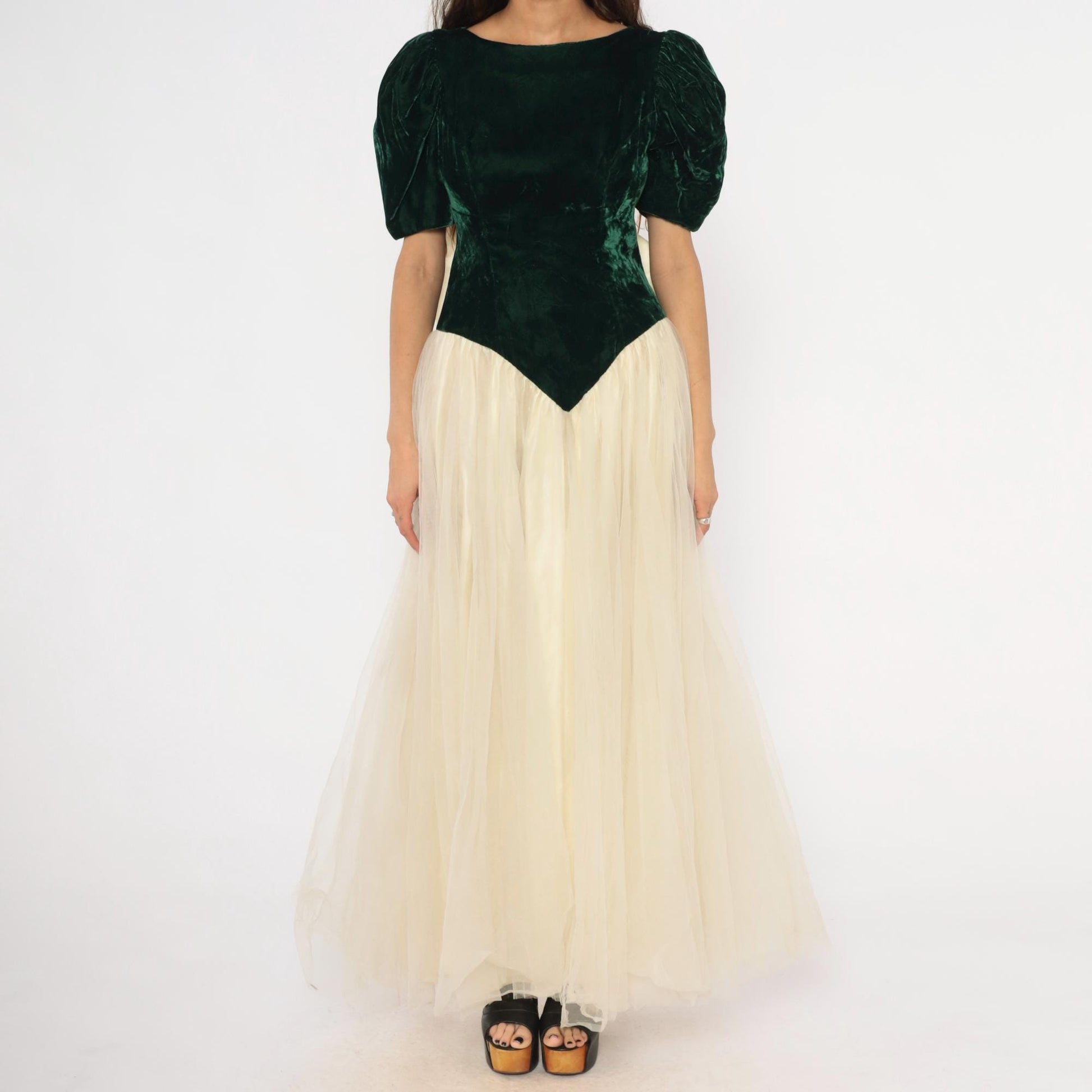 80s Emerald Velvet Puff Sleeve Gown Cream Tulle Skirt Basque Waist Medium M
