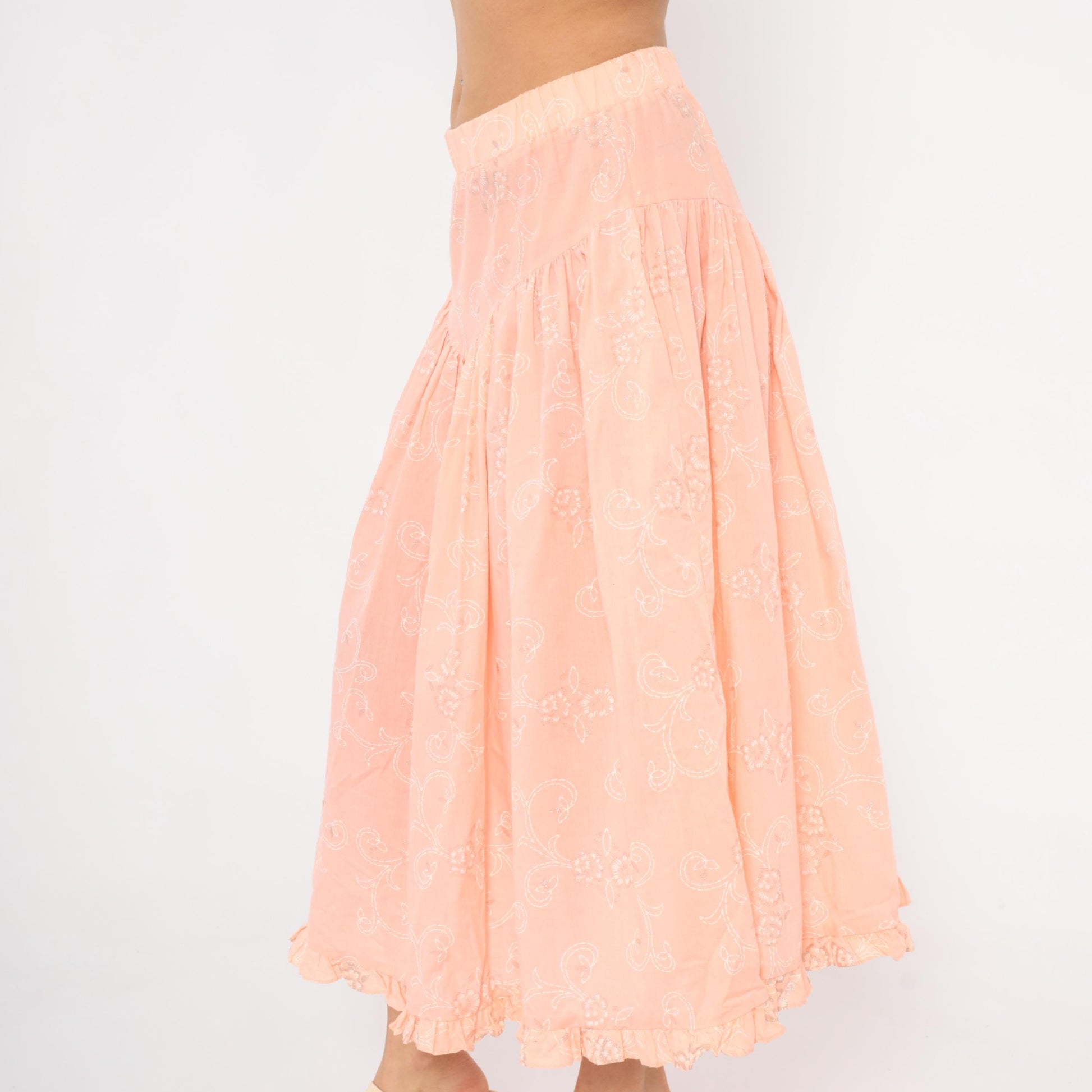 90s California Connection Peach Floral Midi Skirt Ruffled Hem Medium M