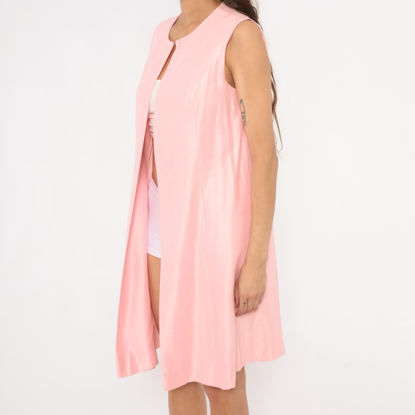 60s Pink Sleeveless Duster Vest Knee-Length Open Front Mod Small S