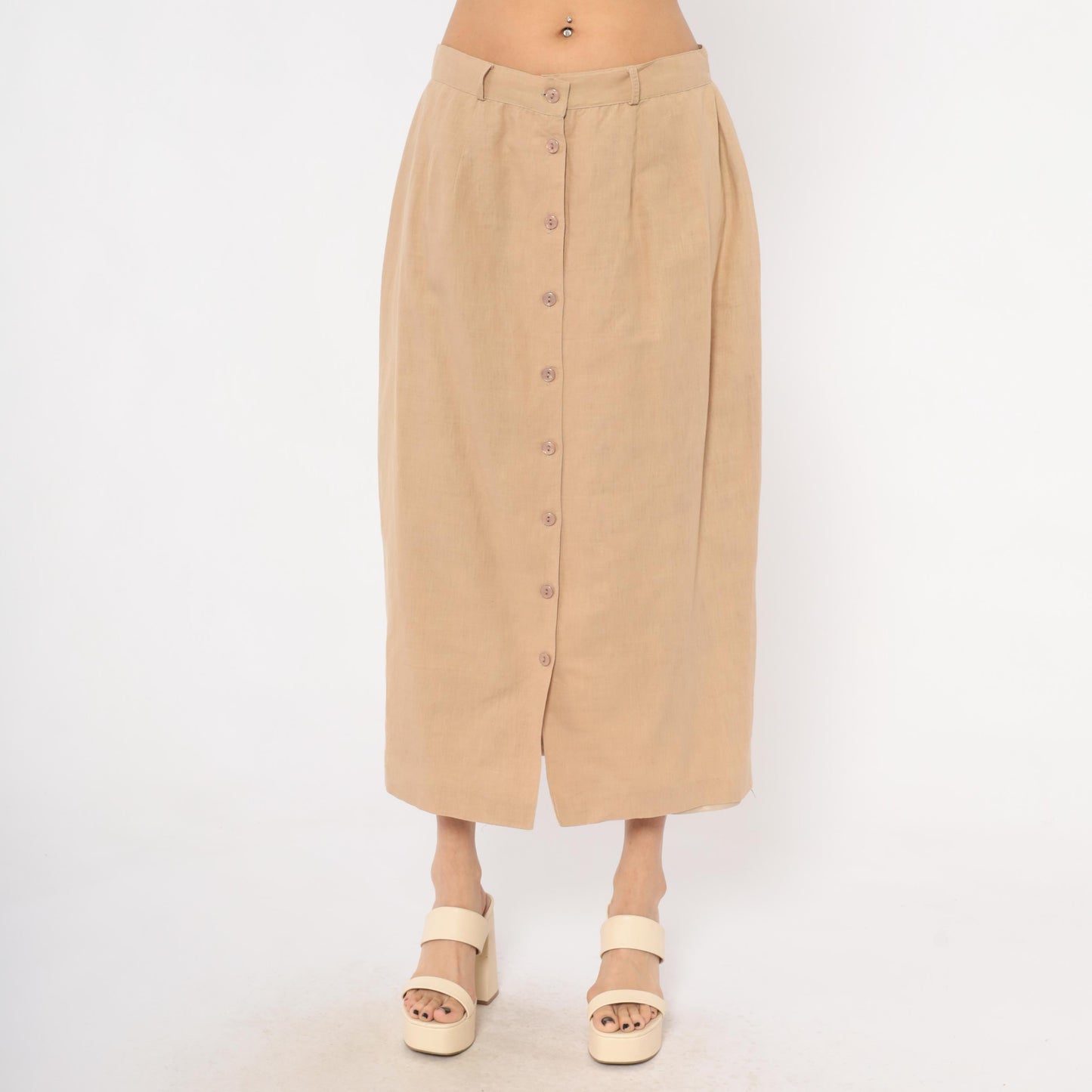 80s Carry Back Tan Linen Midi Skirt Button Front Medium M