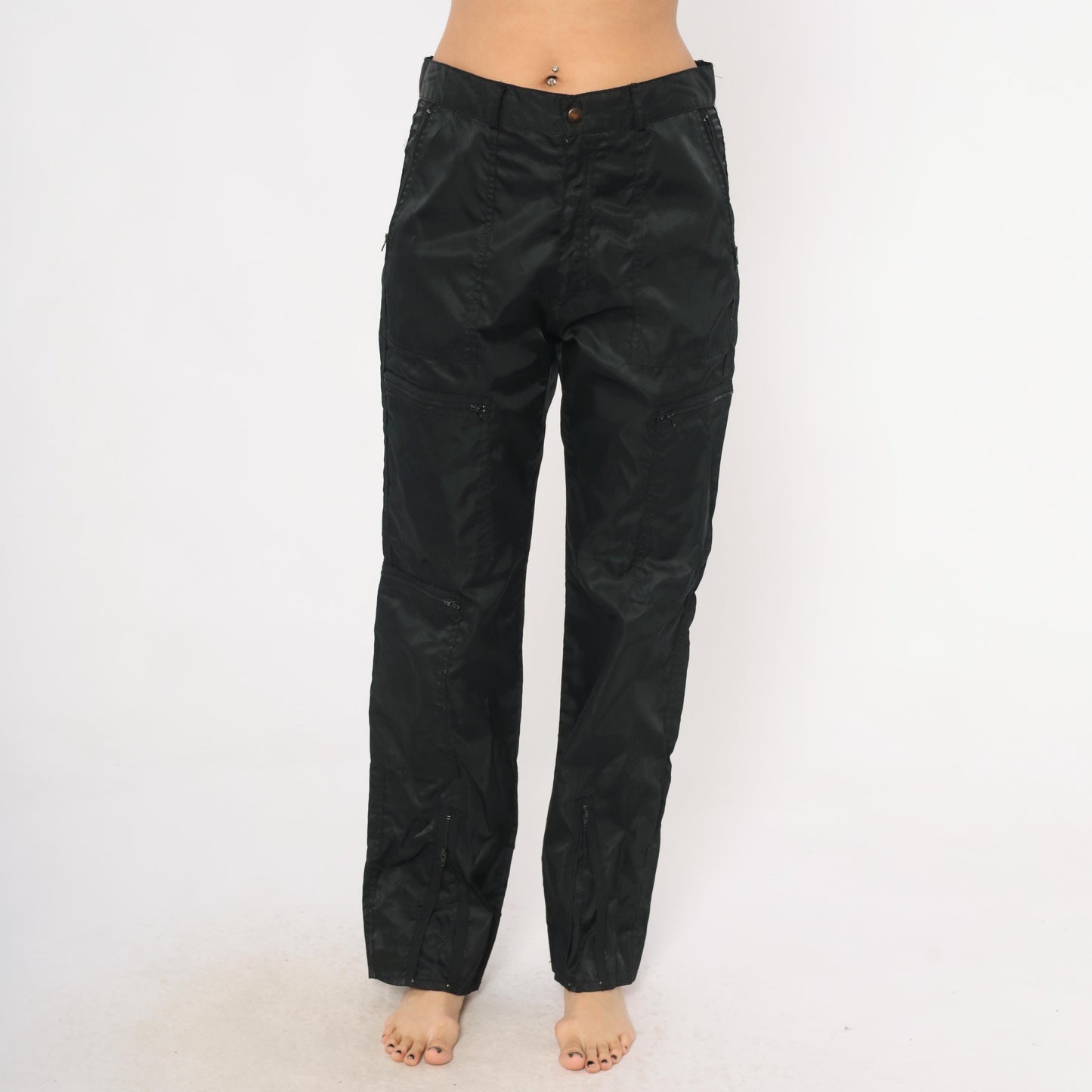 Y2K Black Nylon Cargo Pants Graffiti Low Rise Straight Leg Utility 32 Medium