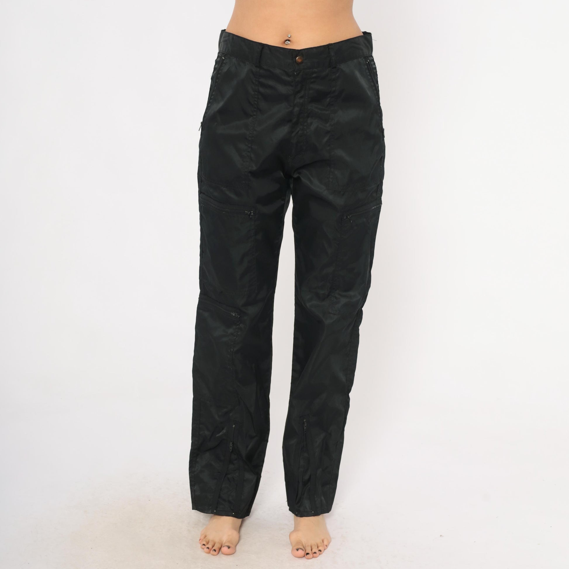 Y2K Black Nylon Cargo Pants Graffiti Low Rise Straight Leg Utility 32 Medium