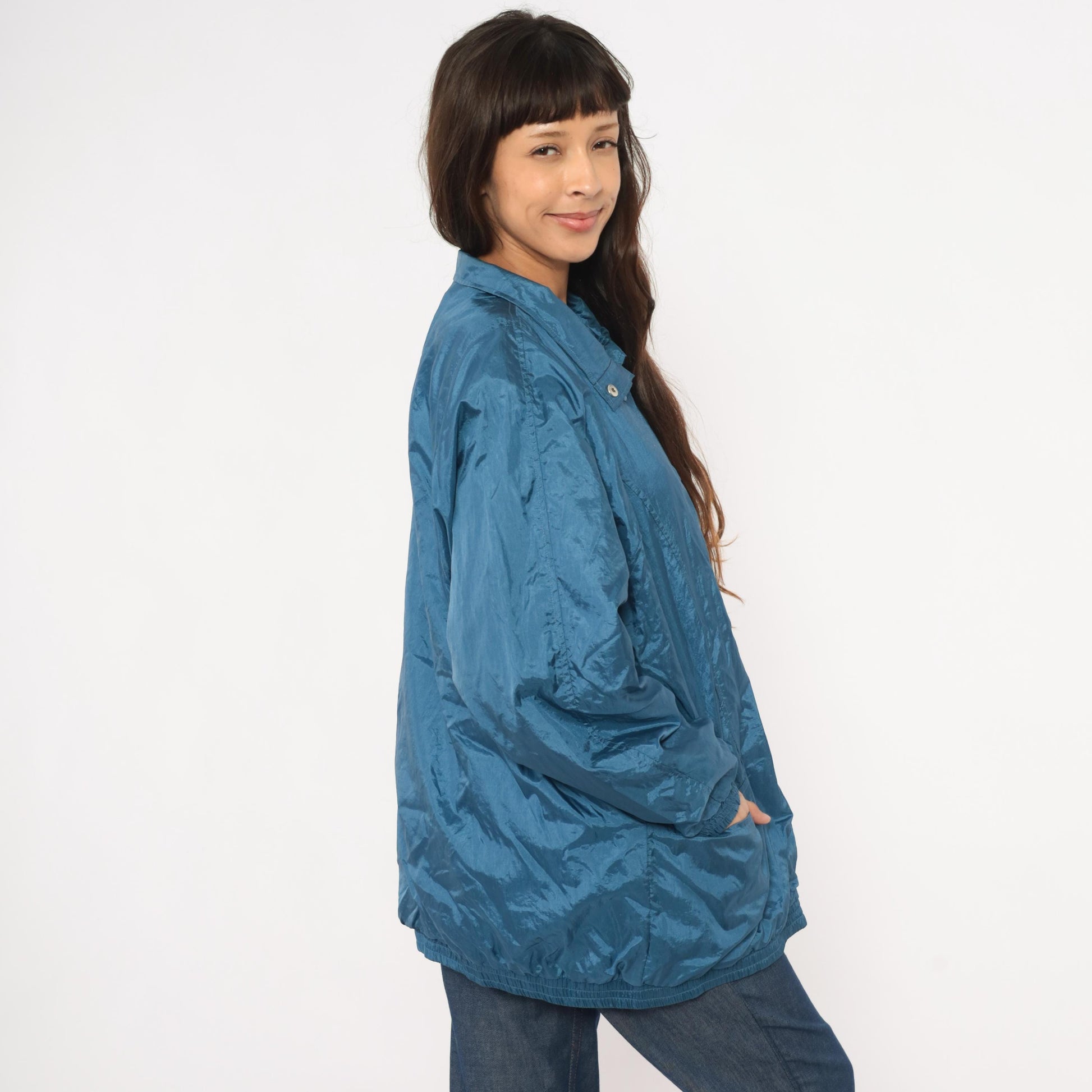 80s Tudor Court Windbreaker Jacket Steel Blue Nylon Coach Coat Large L