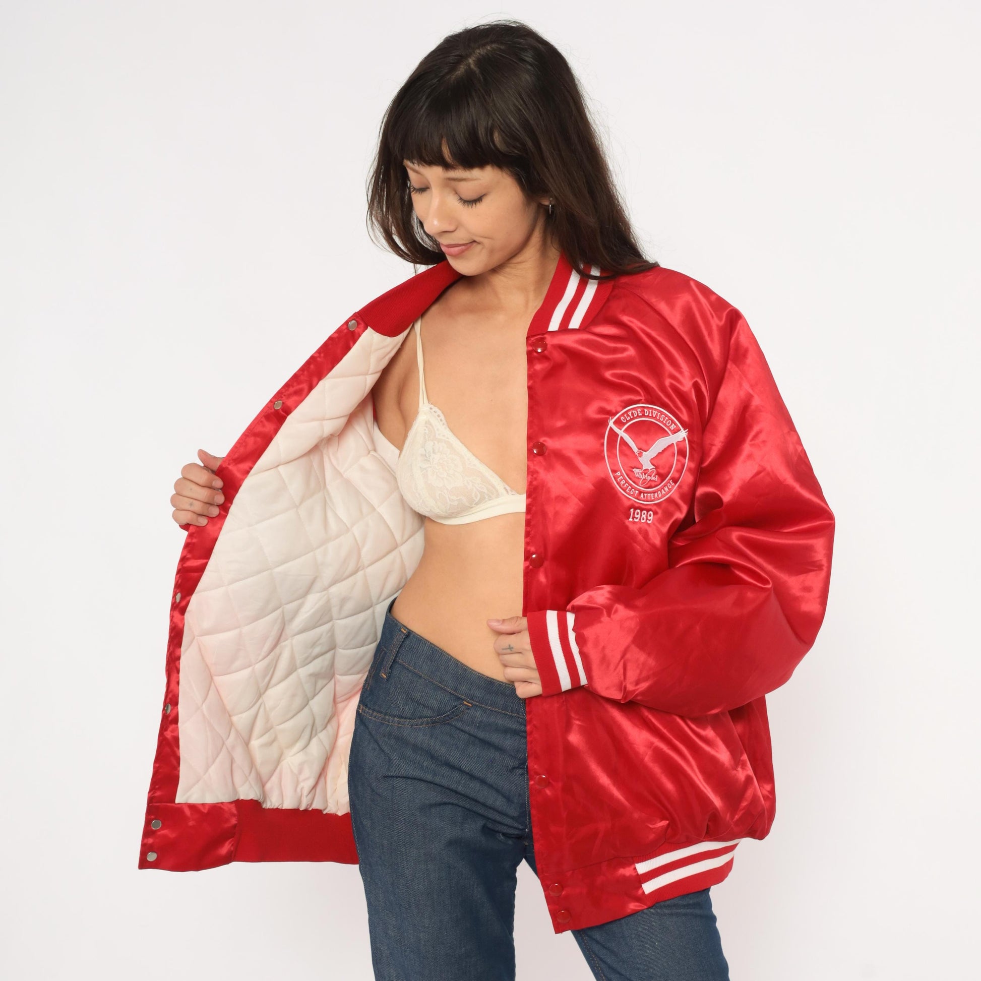 80s Red Satin Bomber Jacket Eagle Embroidered Snap Button Quilted Lining Plus Size 3XL