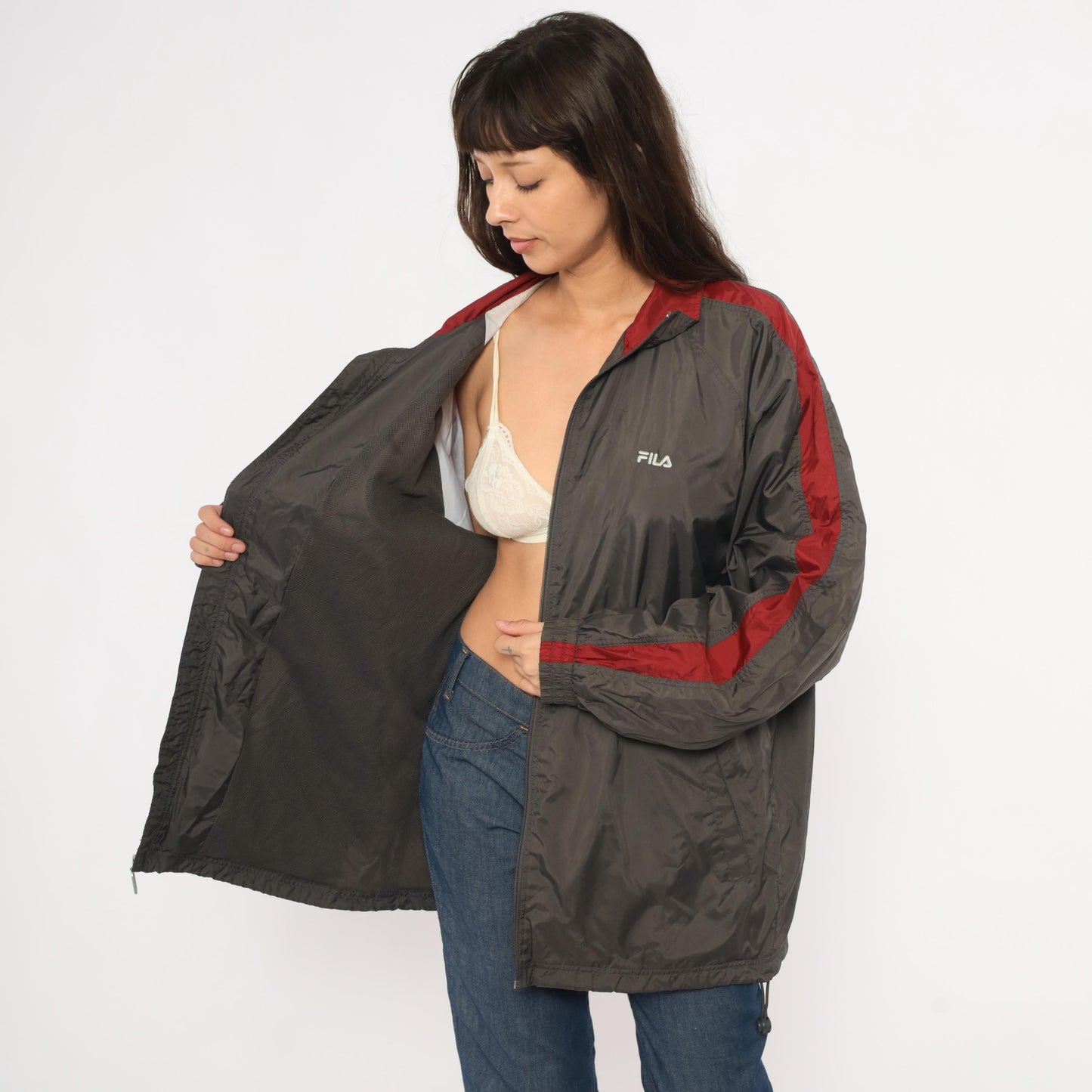 Y2K Fila Windbreaker Charcoal Grey Burgundy Colorblock Track Jacket Large L