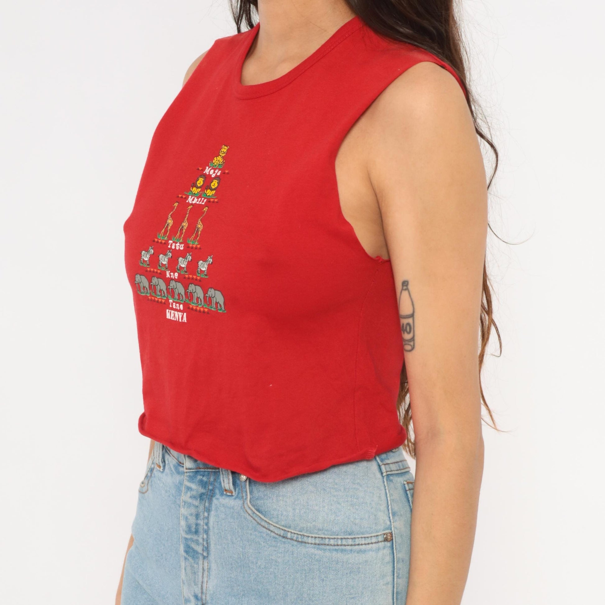 2000s Kenya Safari Animal Crop Tank Red Cotton Swahili Graphic XS