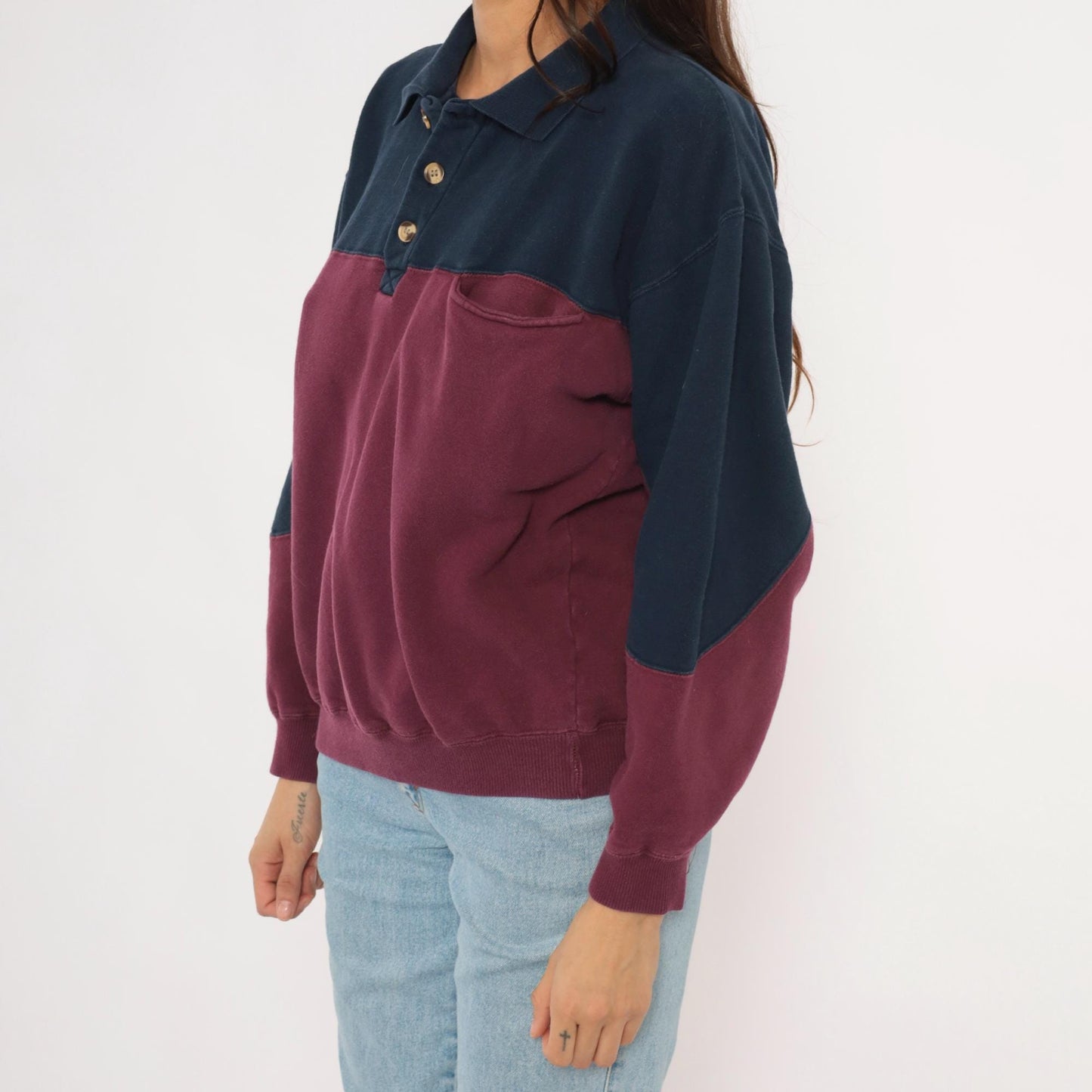 90s Werguard Color Block Polo Sweatshirt Navy Burgundy Cotton Medium M