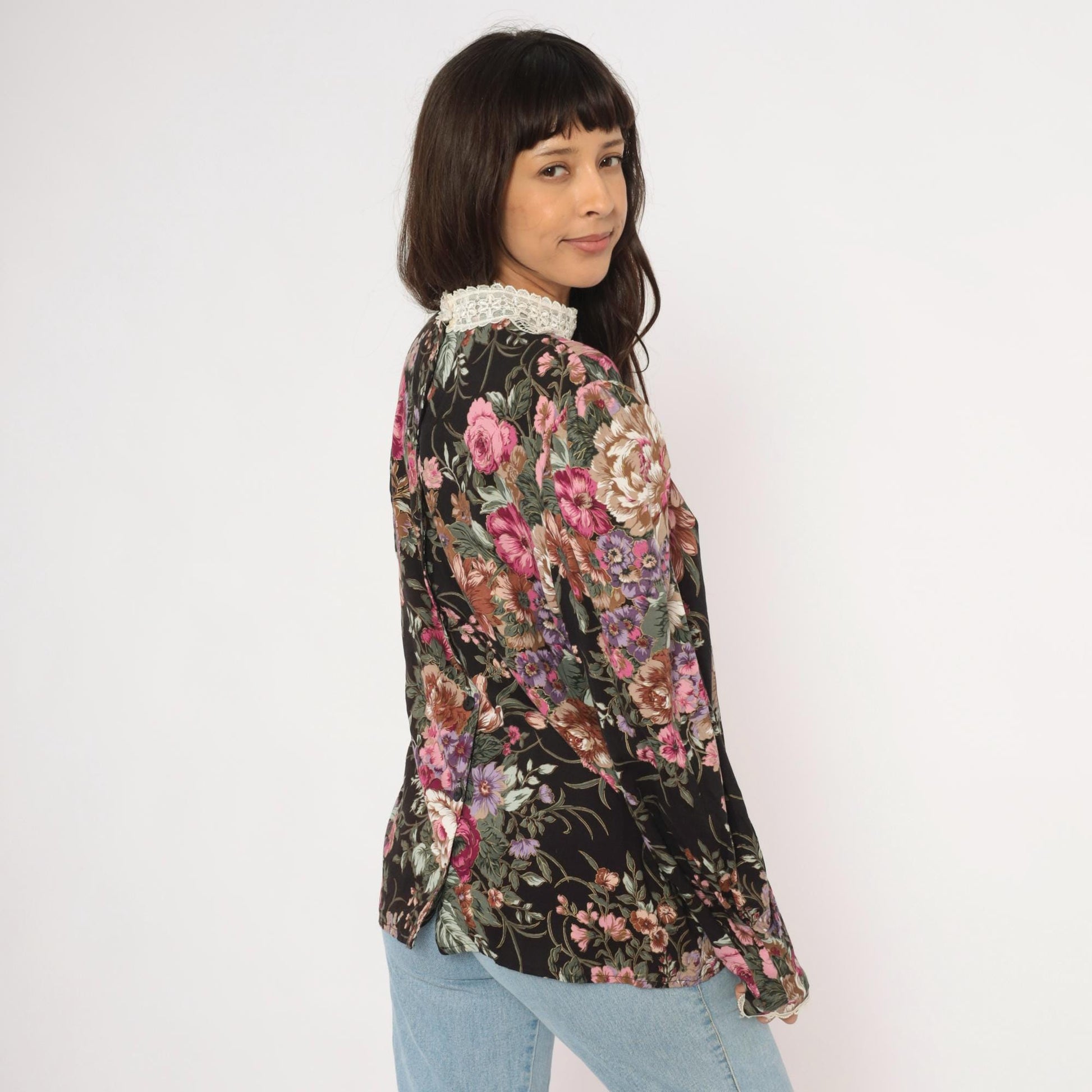 90s Scott McClintock Black Floral Blouse Lace Bib Puff Sleeve Extra Large XL