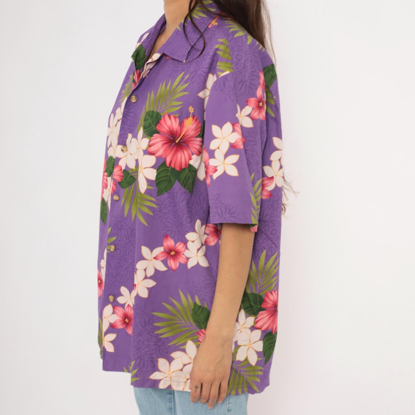 90s Purple Hawaiian Shirt Tropical Floral Hibiscus Plumeria Cotton Extra Large XL