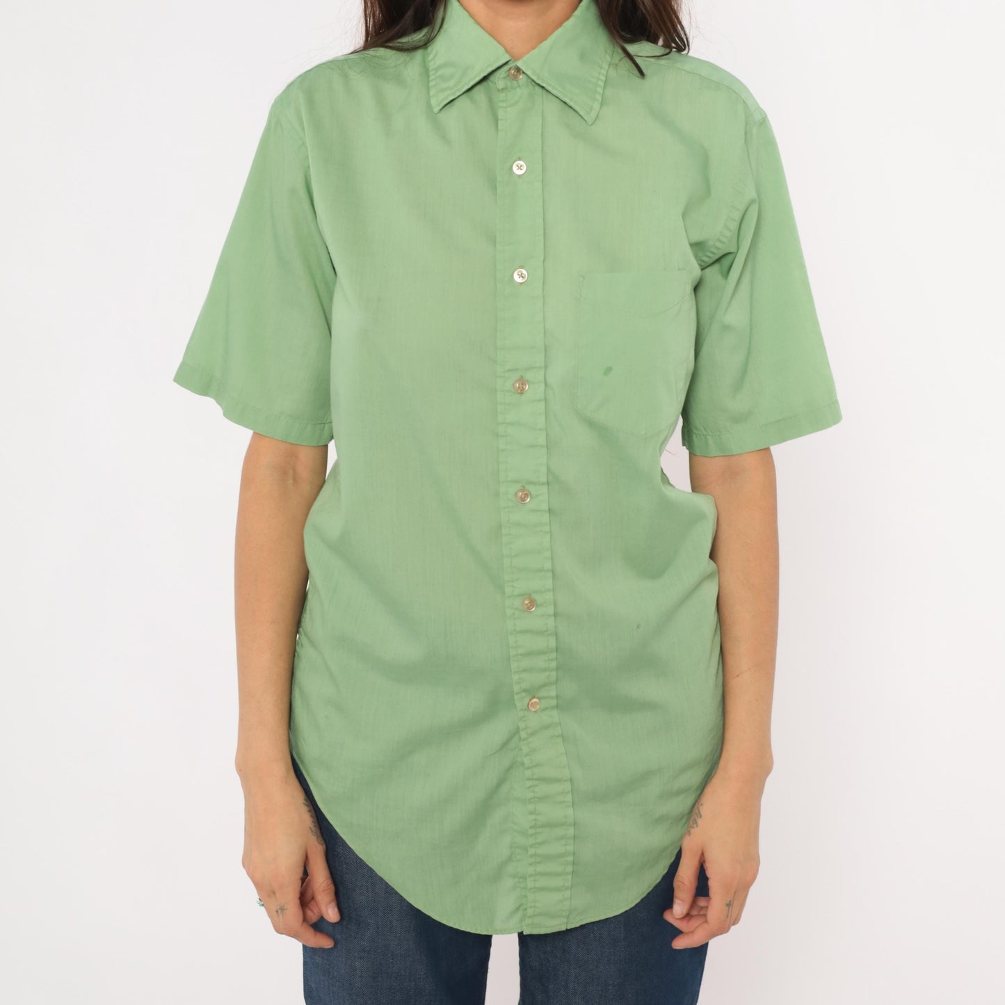 70s Mossini Sage Green Button Down Shirt Short Sleeve Pointed Collar Small