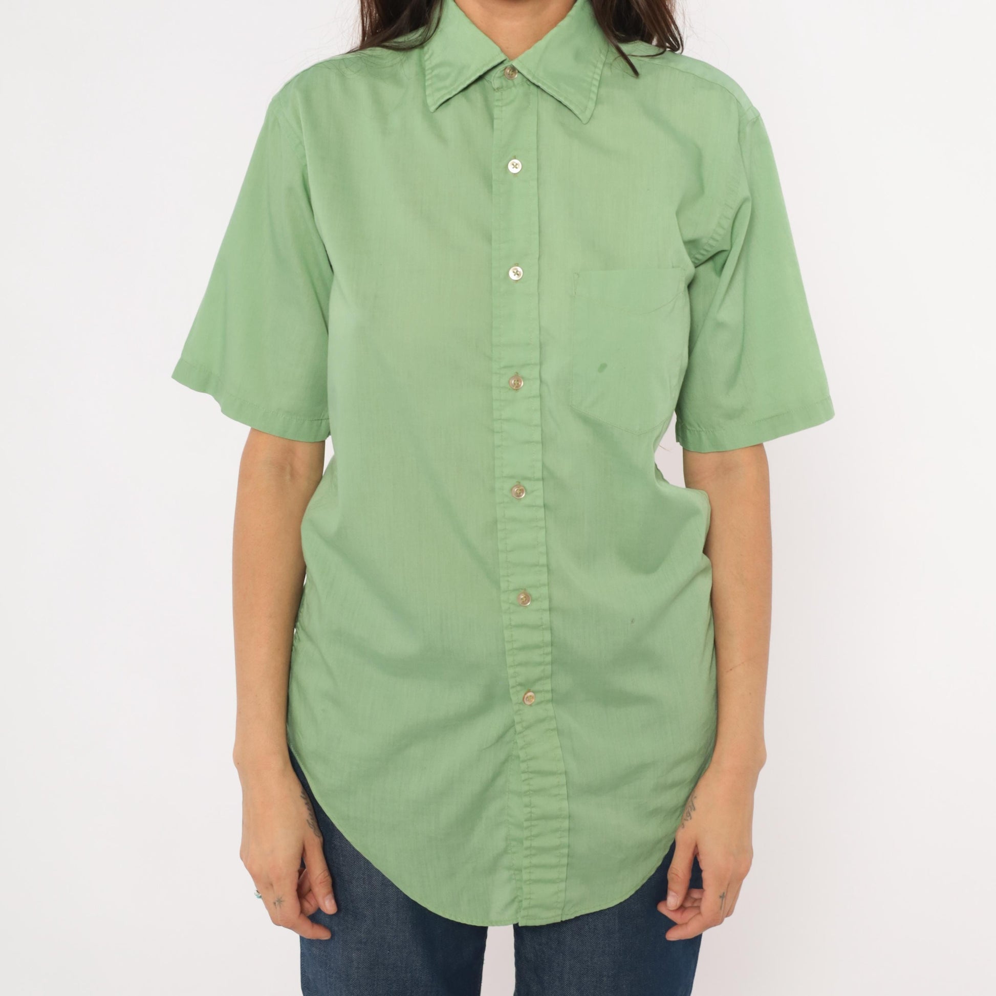 70s Mossini Sage Green Button Down Shirt Short Sleeve Pointed Collar Small