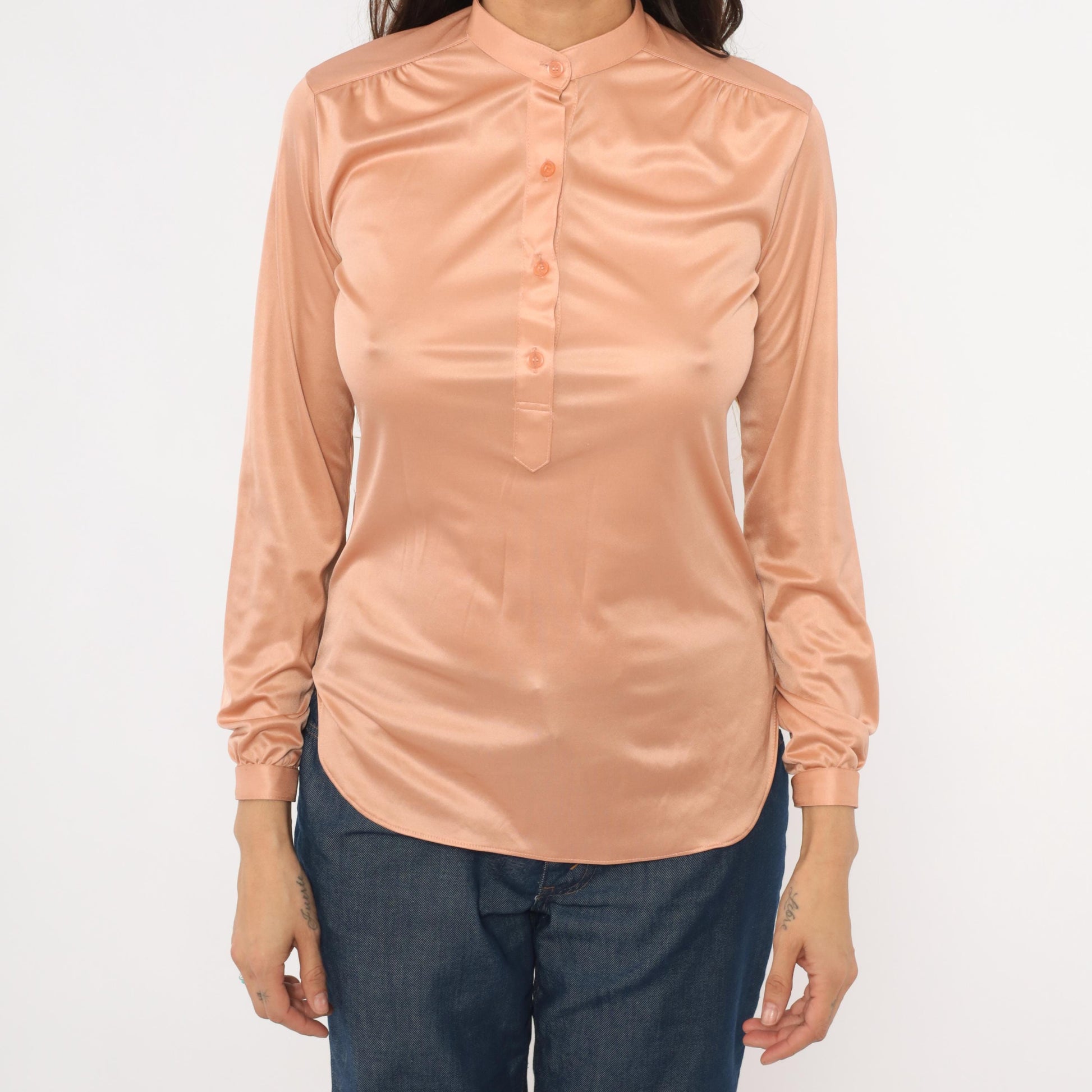 70s Spices Blush Pink Satin Blouse Mandarin Collar Long Sleeve Medium M