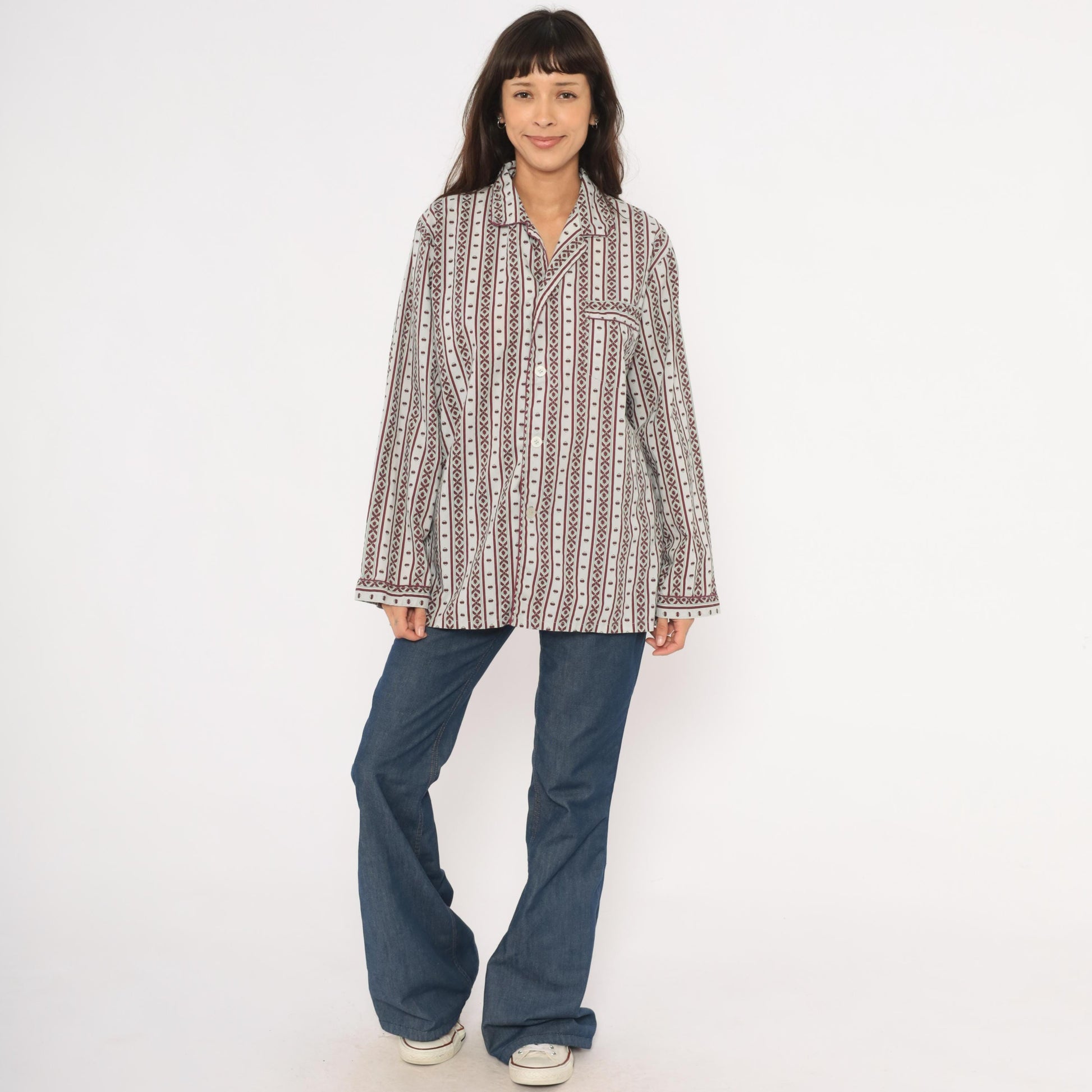 80s MTL Classics Pajama Shirt Geometric Stripe Burgundy Grey Notched Collar Large