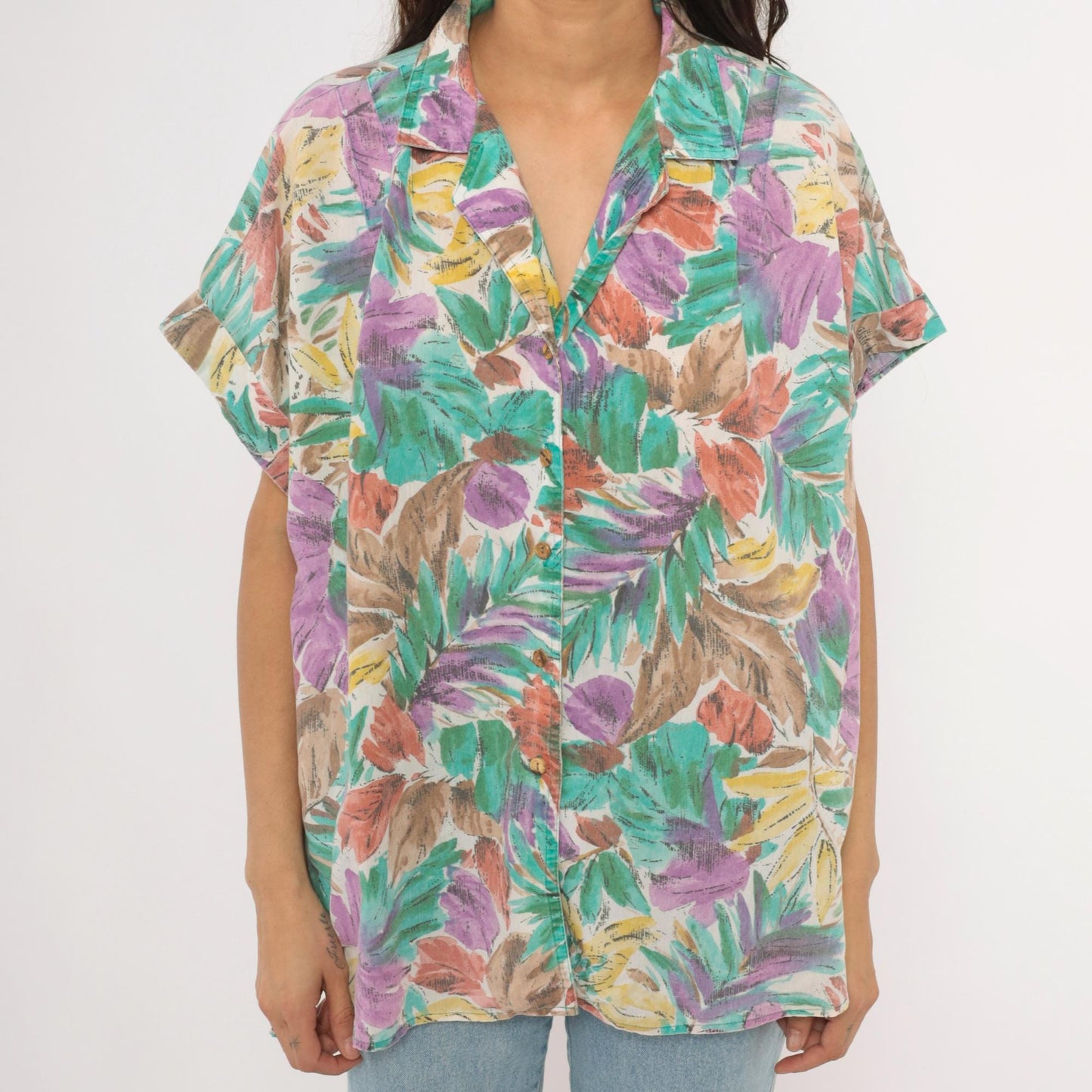 90s Cabrais Tropical Leaf Print Camp Collar Shirt Teal Purple Coral Plus Size XXL