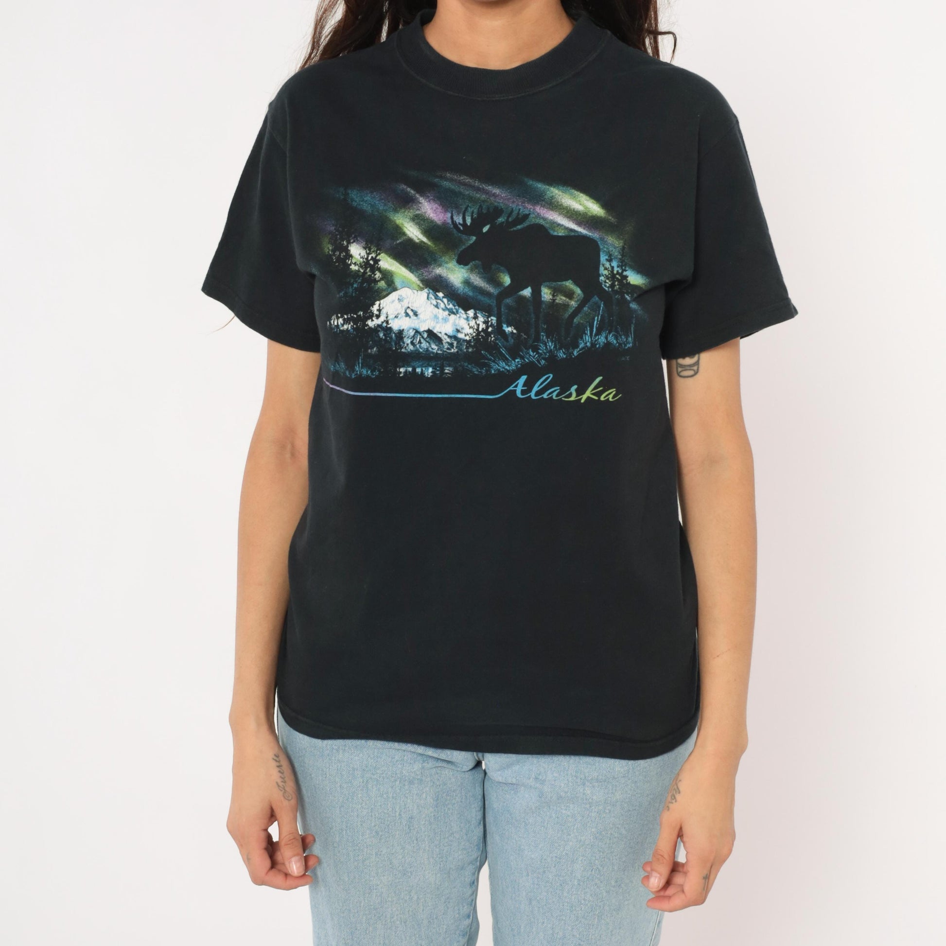 Y2K Alaska Moose Aurora Borealis Graphic Tee Black Cotton Small S