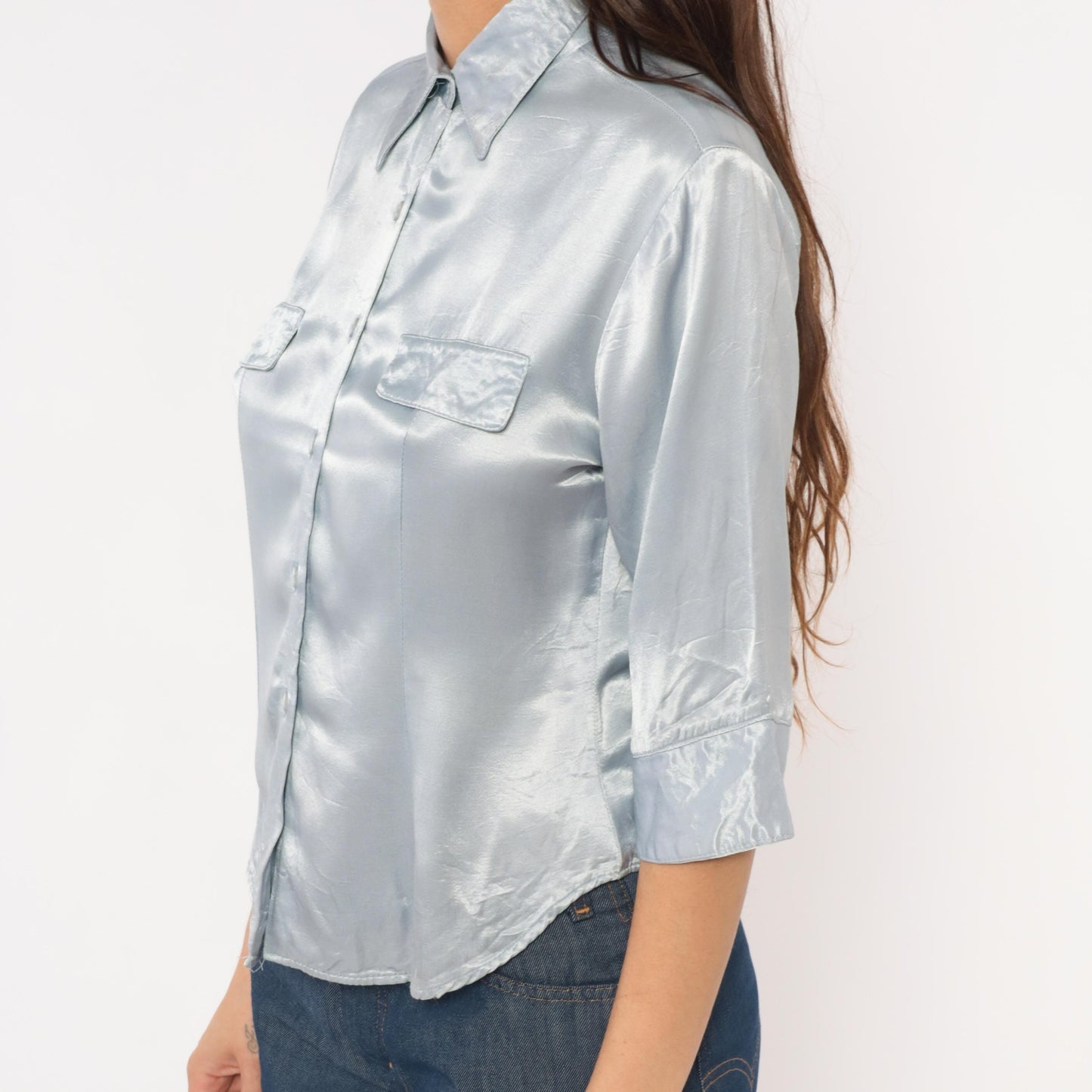 90s Younique Silver Satin Button Blouse Three Quarter Sleeve Small