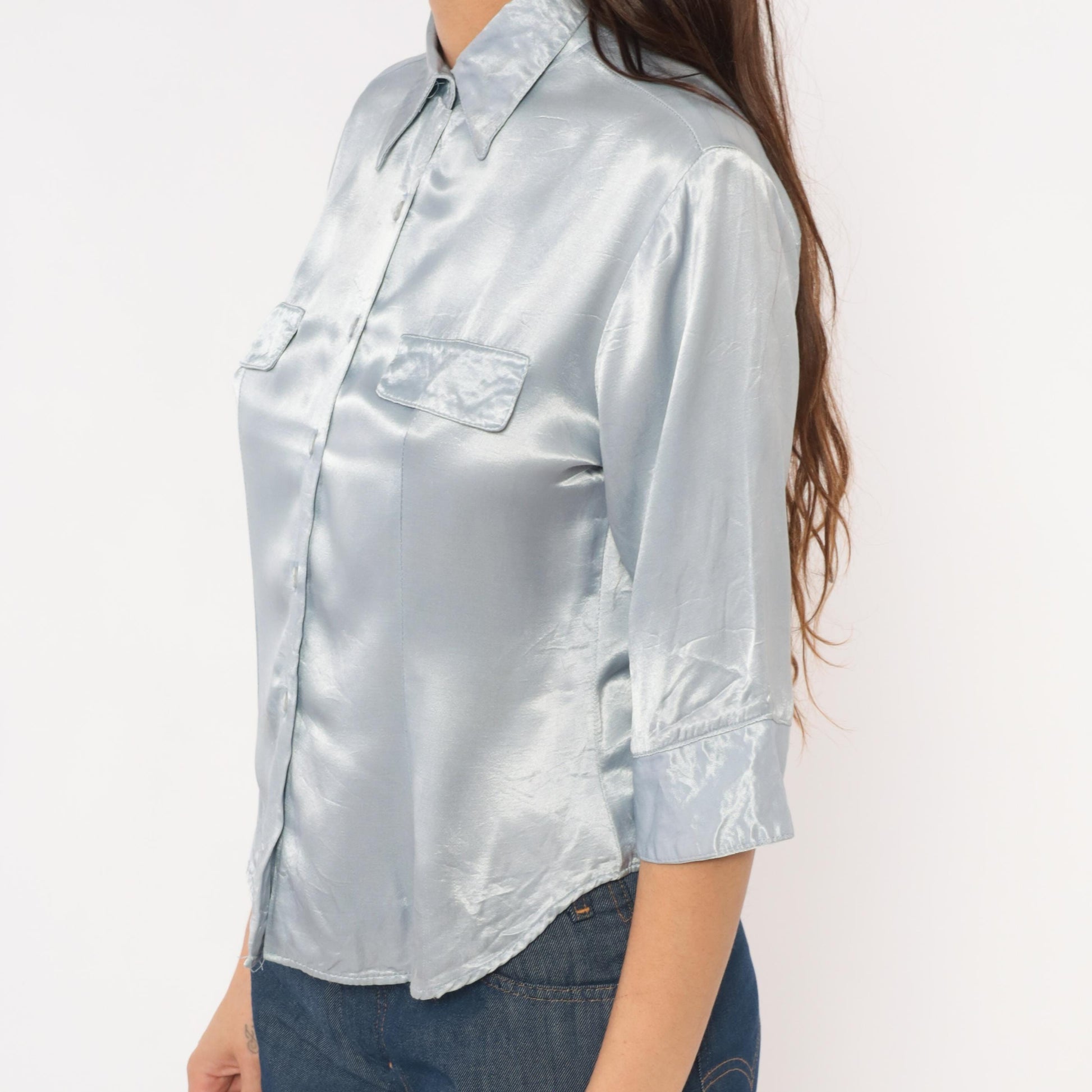 90s Younique Silver Satin Button Blouse Three Quarter Sleeve Small