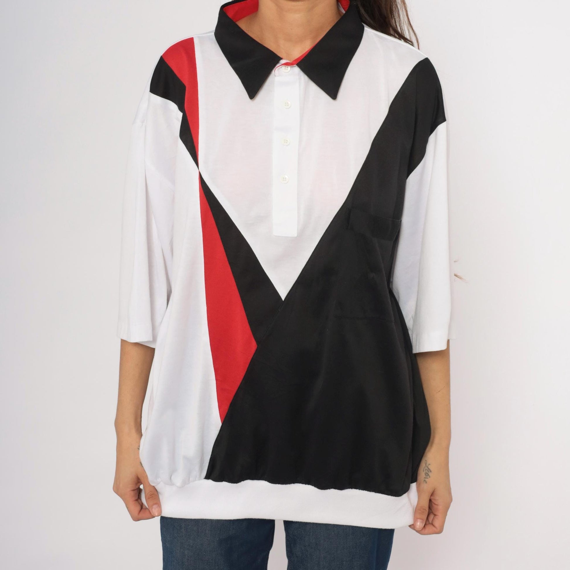 80s Envoy Colour Block Polo Chevron White Black Red Plus Size XXL