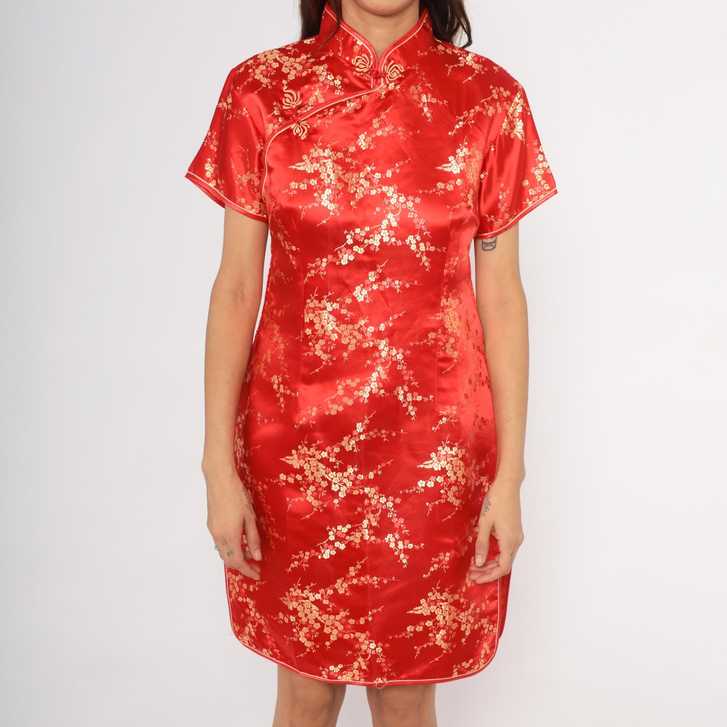 80s Xuan Tang Red Cheongsam Gold Cherry Blossom Qipao Plus Size XXL
