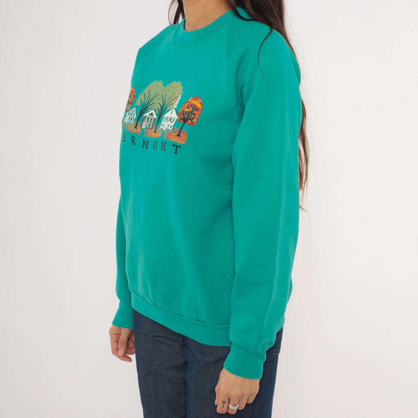 90s Vermont Autumn Village Teal Crewneck Sweatshirt Cotton Graphic Large L