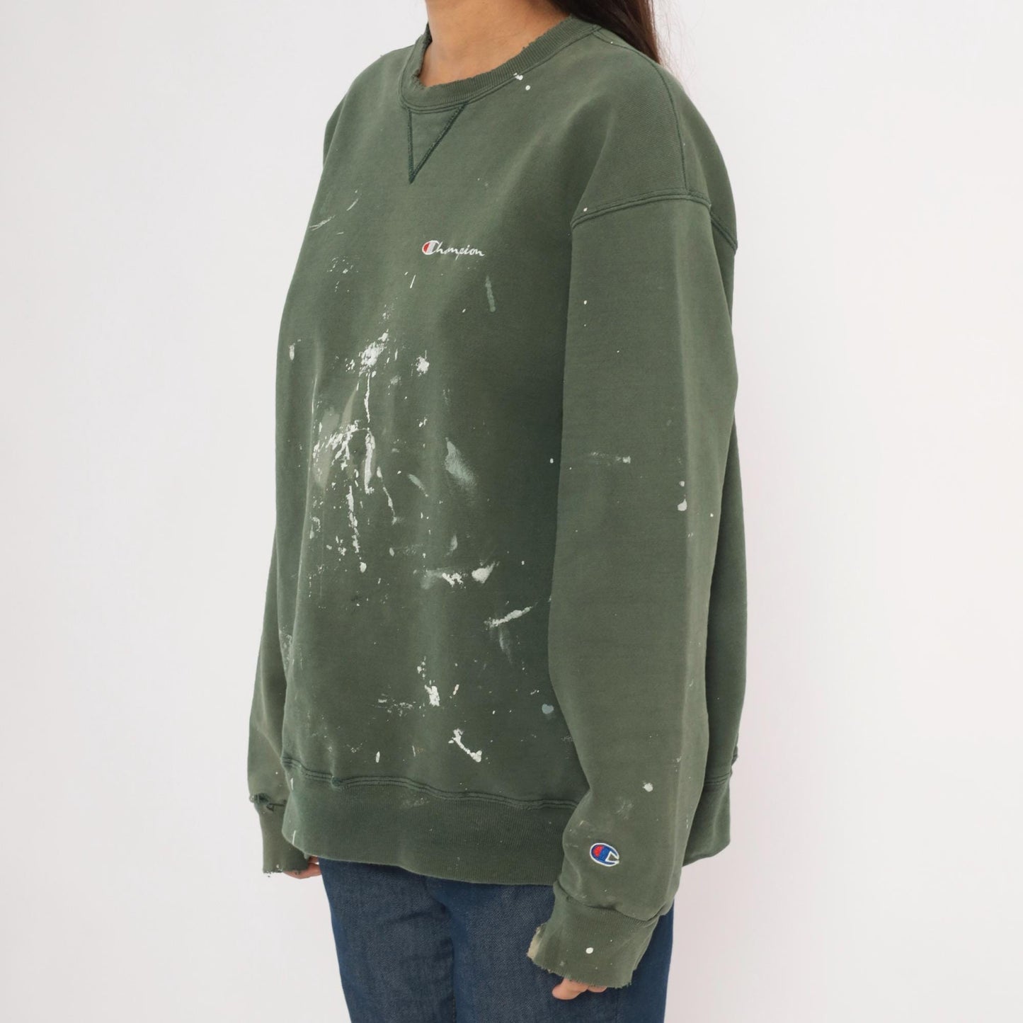 Champion Olive Green Crewneck Sweatshirt Paint Splatter 2000s Extra Large XL