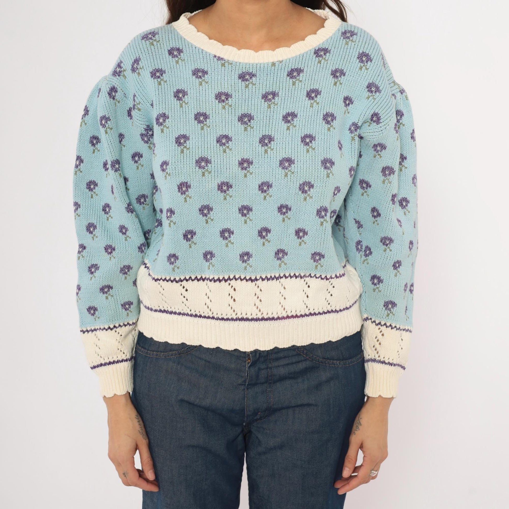 80s Light Blue Floral Knit Sweater Puff Sleeve Pointelle Trim Cotton Medium