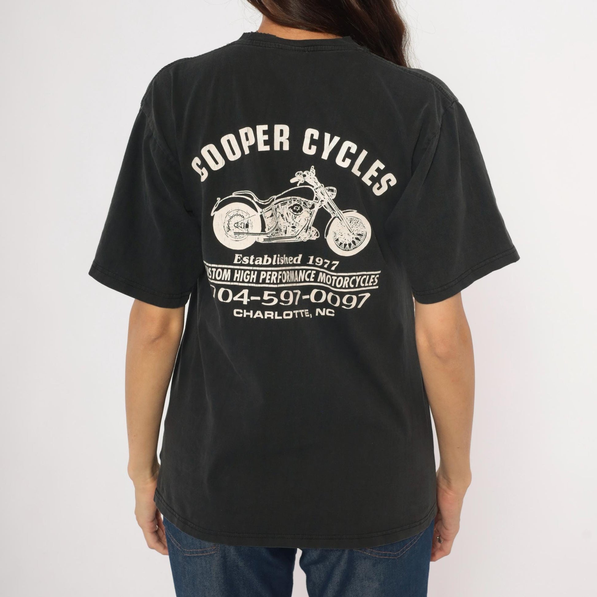 90s Cooper Cycles Biker Tee Black Eagle Motorcycle Graphic Cotton Small