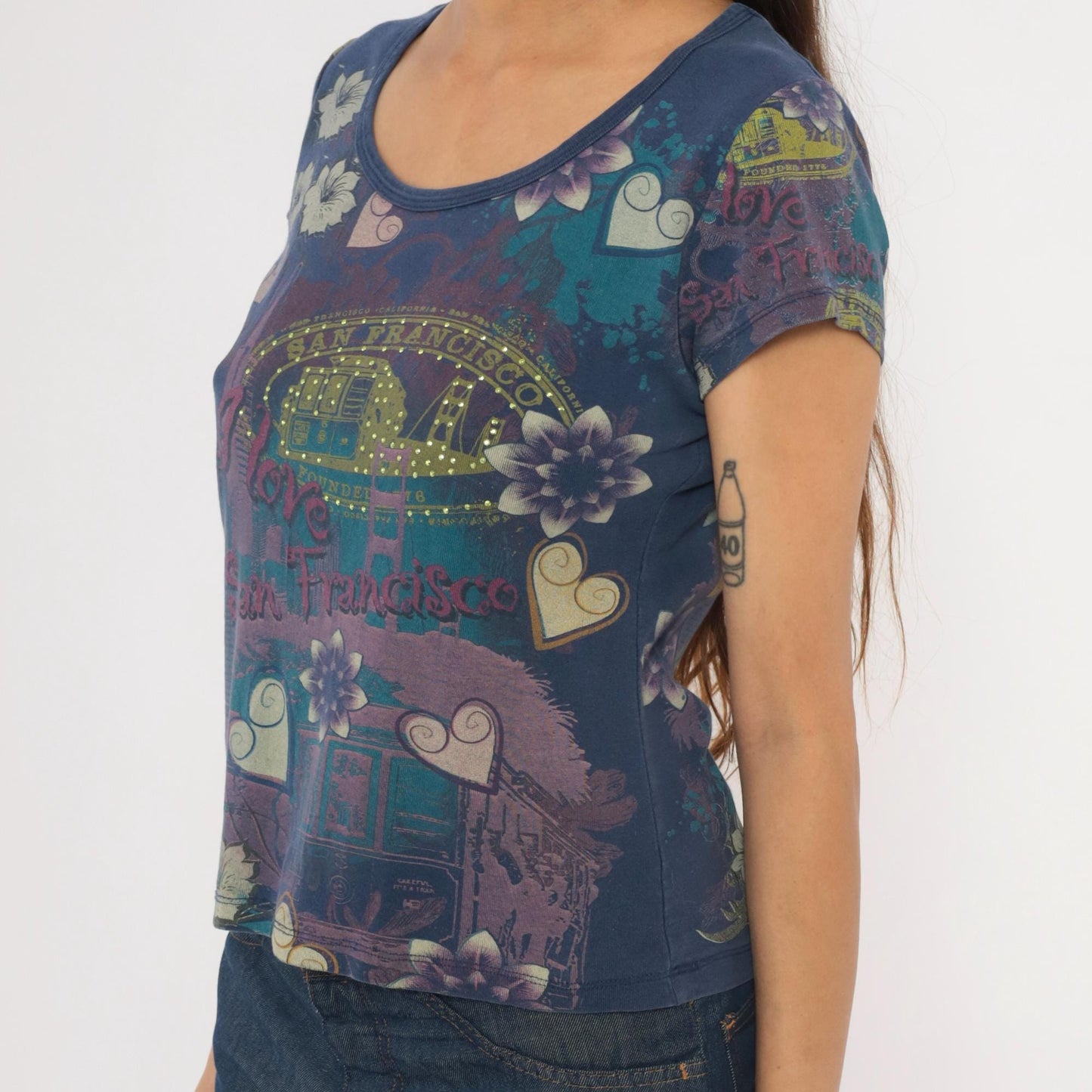 Y2K San Francisco Graphic Tee Vintage Suzie Floral Heart Studded Navy Purple Petite Medium