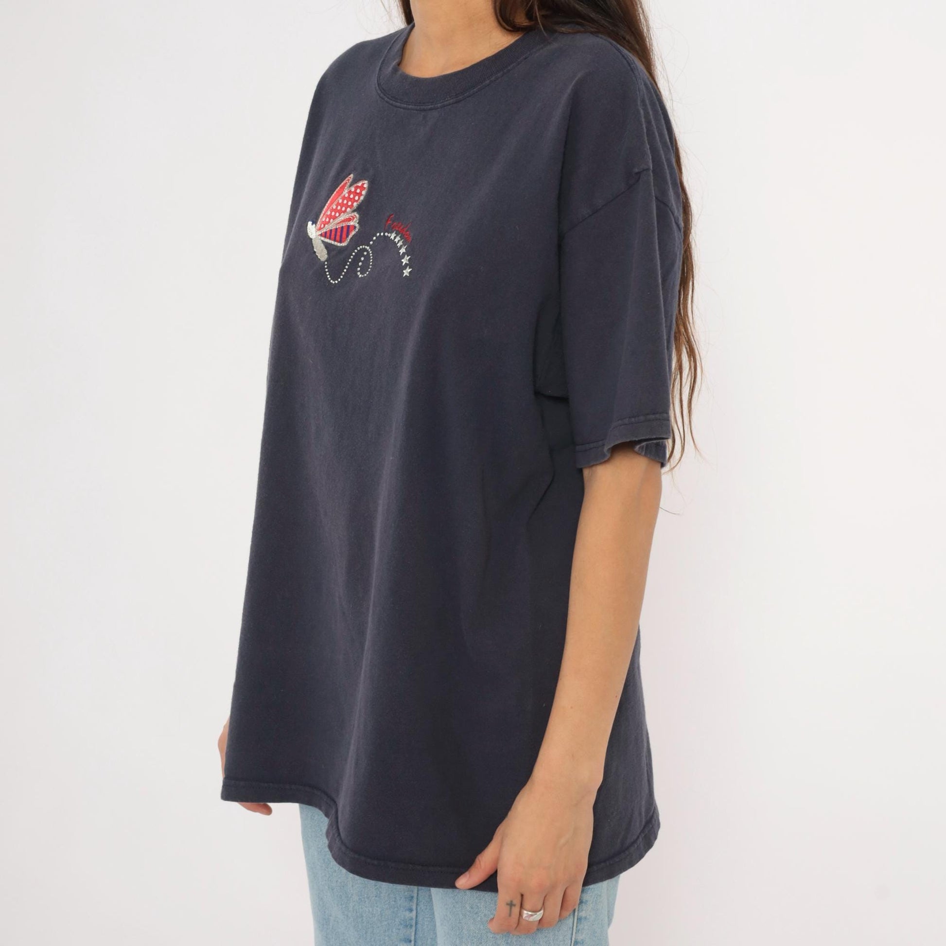 90s Mc Squared Energy Butterfly Embroidered Tee Navy Cotton Americana Stars Extra Large XXL