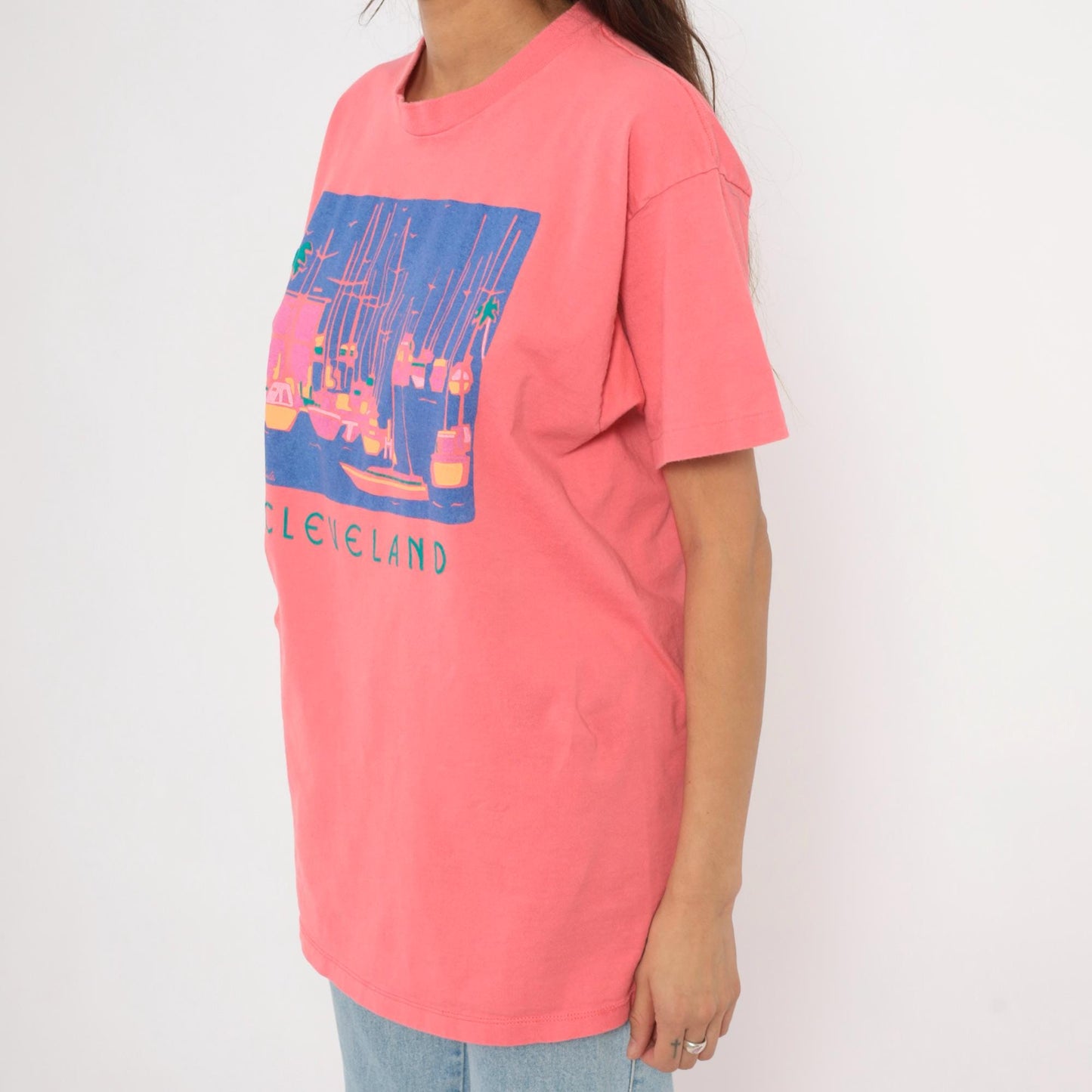 90s Eyecatcher Sportswear Cleveland Marina Tee Coral Pink Sailboat Graphic Extra Large XL
