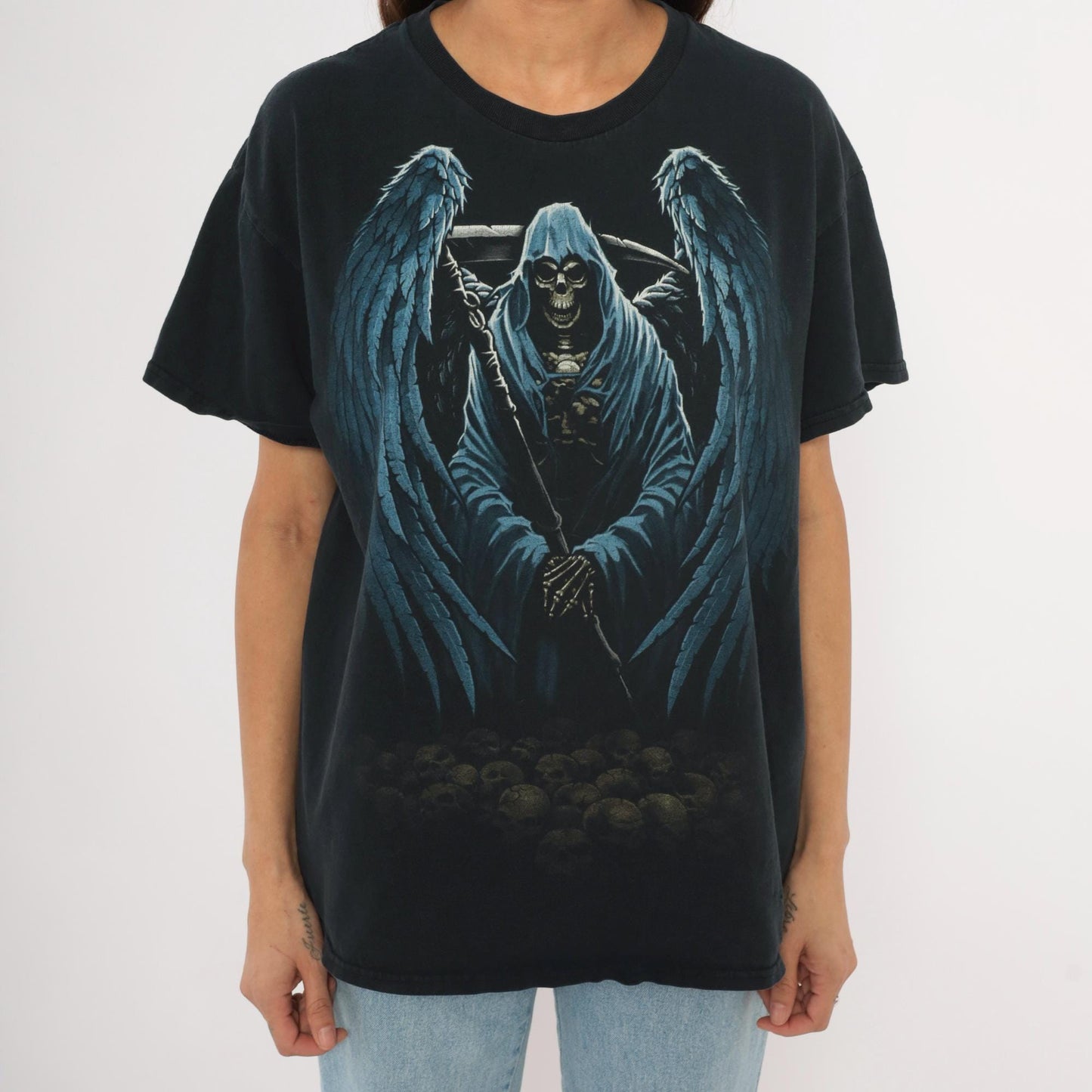 2000s Winged Grim Reaper Graphic Tee Black Cotton Gildan Large L