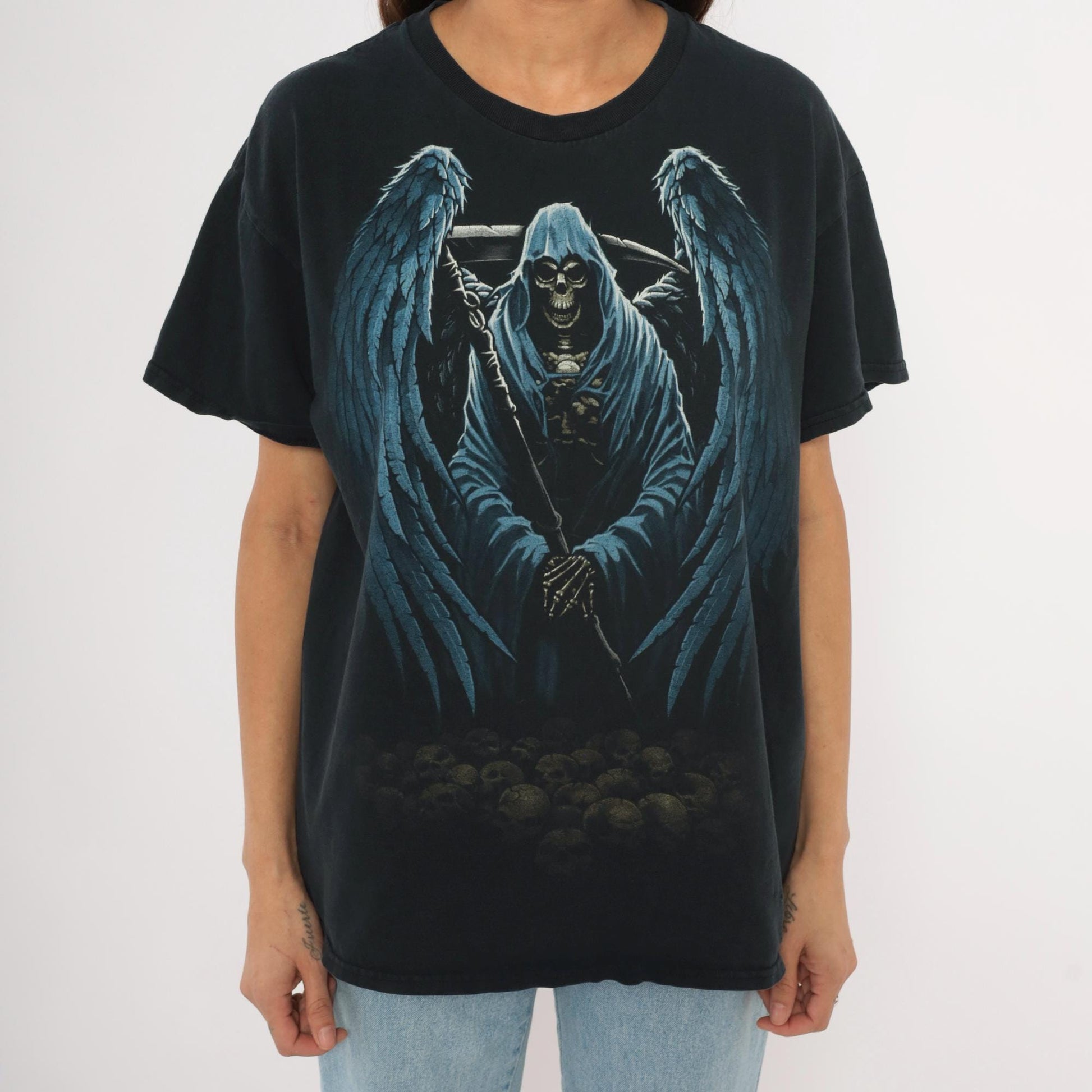 2000s Winged Grim Reaper Graphic Tee Black Cotton Gildan Large L