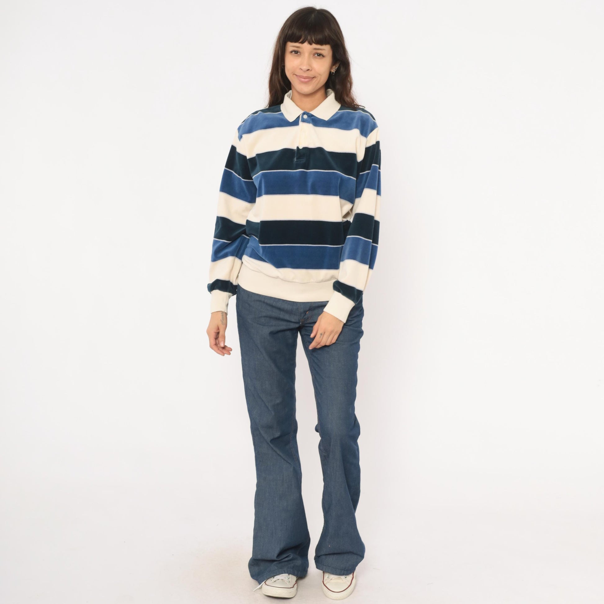 80s Damon Striped Velour Rugby Polo Cream Navy Collared Pullover Medium