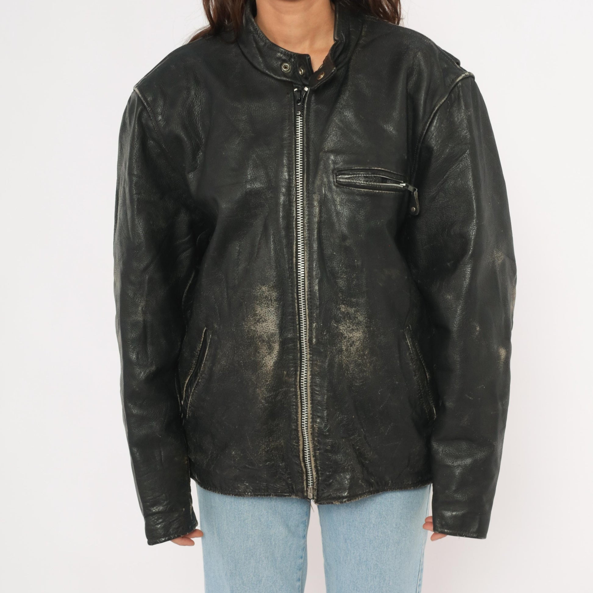 90s Unik Leather Cafe Racer Jacket Black Moto Coat Heavy Weight Extra Large