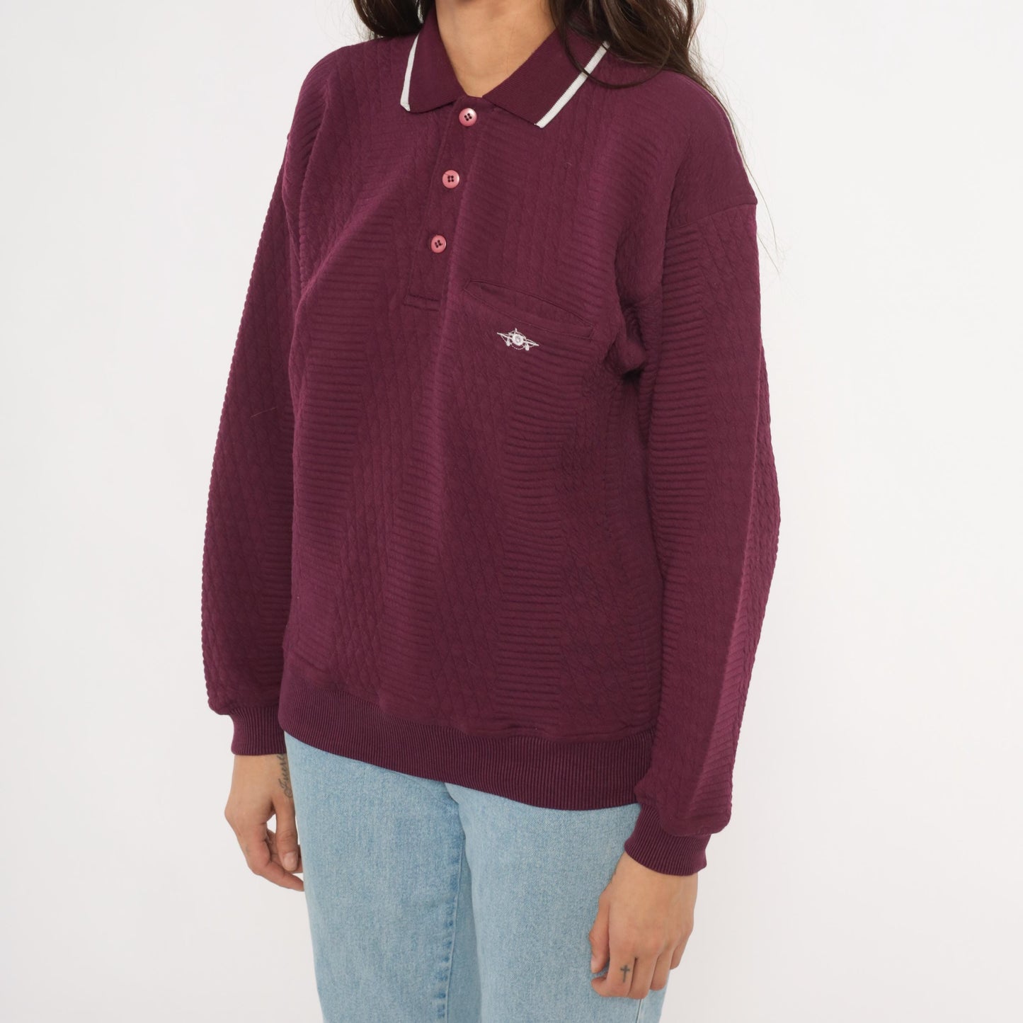 90s Green Line International Plum Polo Sweater Diamond Knit White Collar Medium M