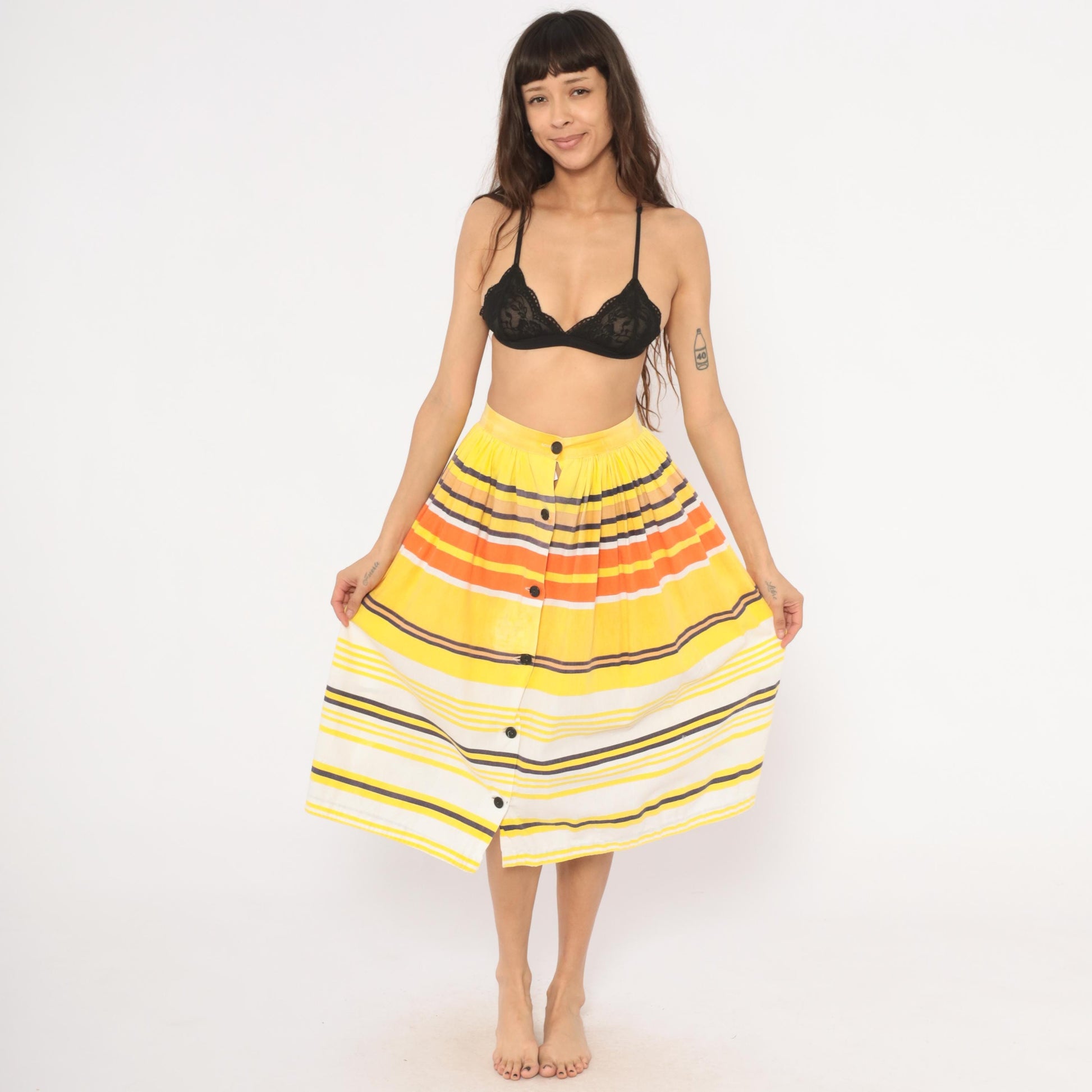 70s Striped Button Front Midi Skirt Yellow Orange Cotton Gathered Waist Small