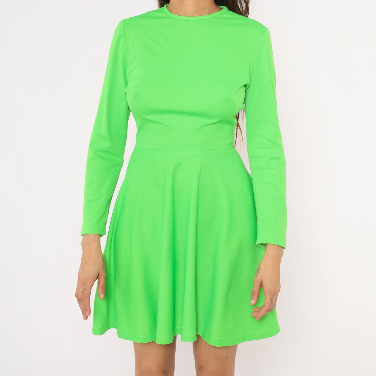 1970s Elegant Miss California Neon Green Mini Dress Long Sleeve A-Line Small S